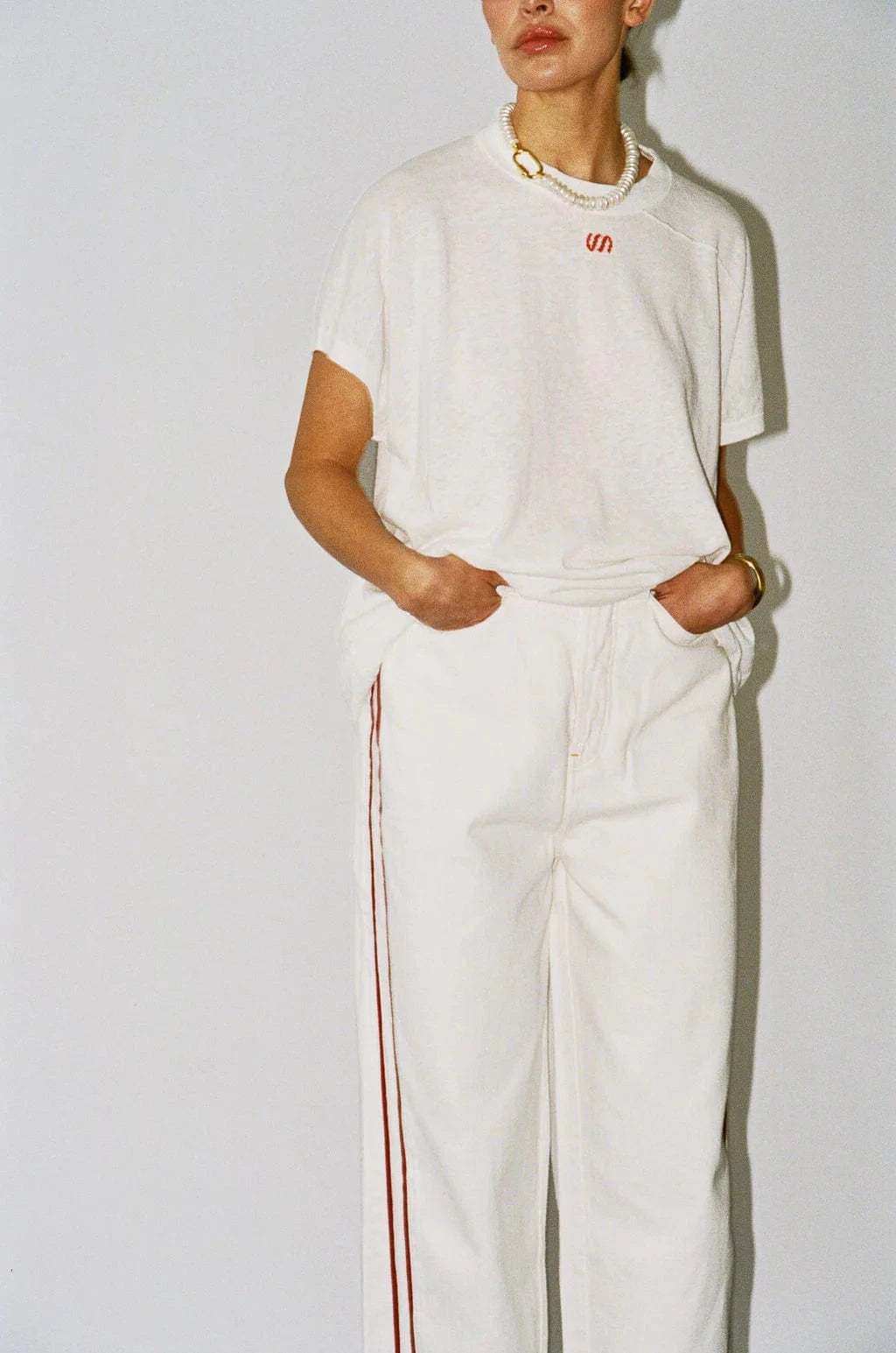Pinstripe Track Pant - Milk w/ Red Stripe