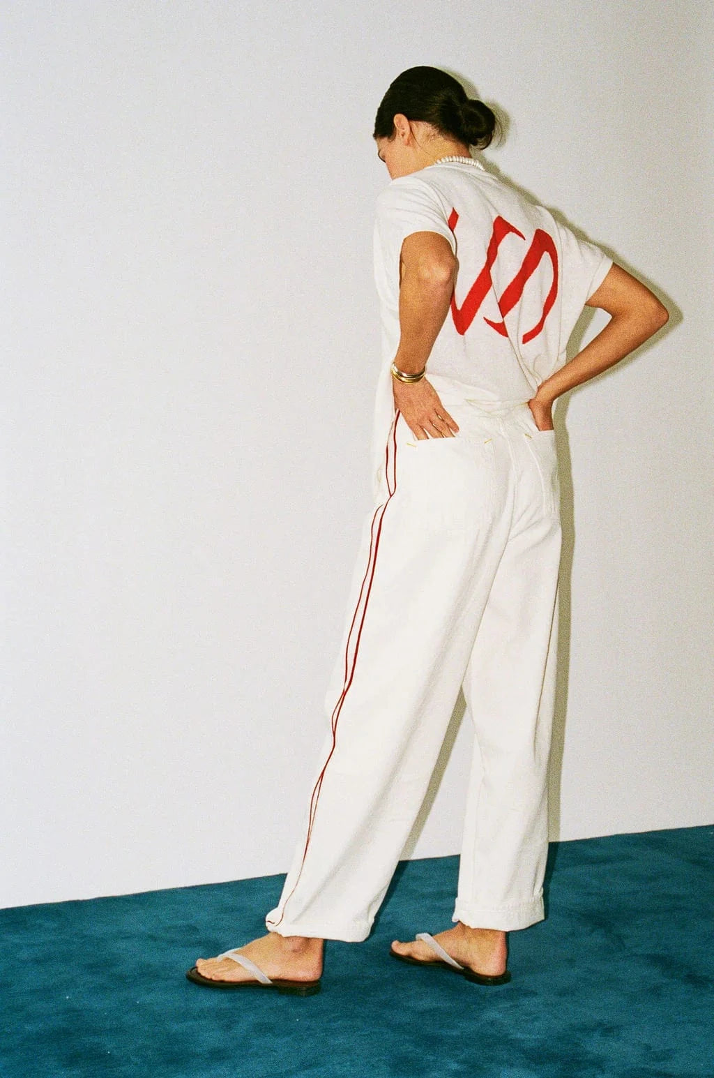 Pinstripe Track Pant - Milk w/ Red Stripe
