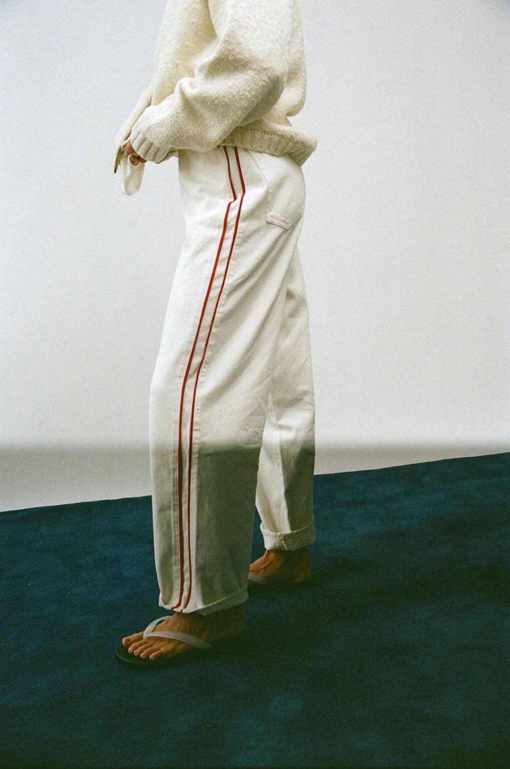 Pinstripe Track Pant - Milk w/ Red Stripe