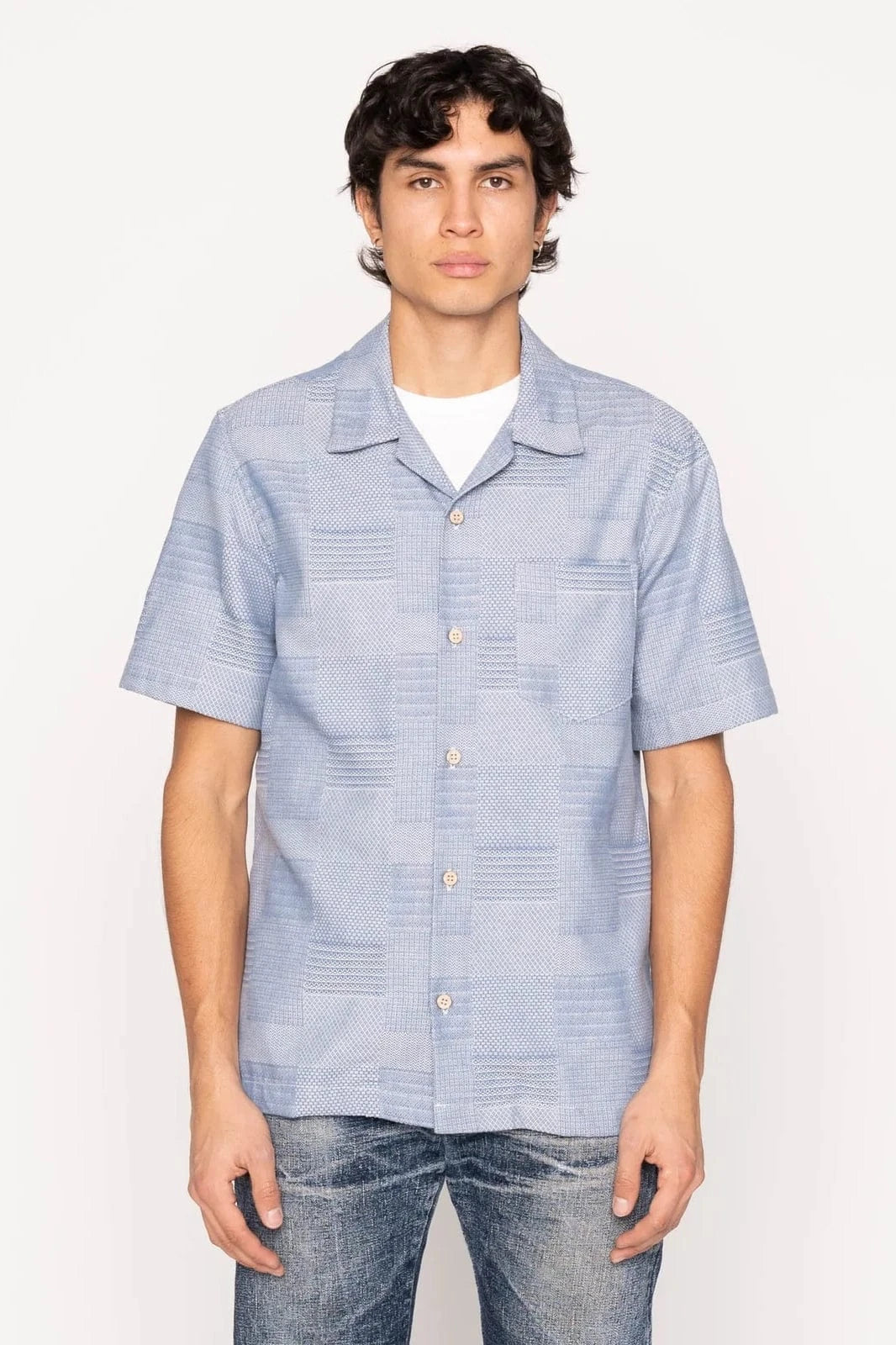 Aloha Shirt - Pale Blue Dobby Patchwork