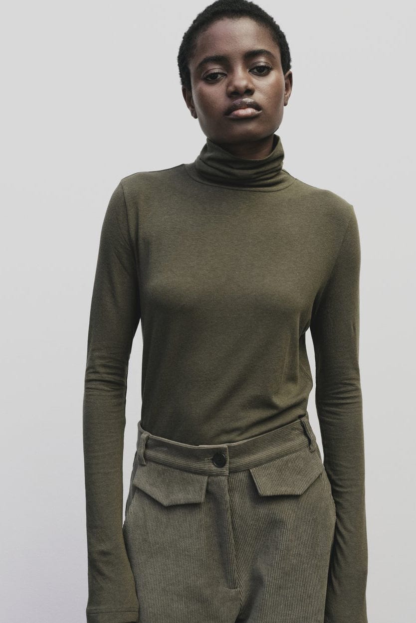 Roll Neck Jersey Top - Light Olive