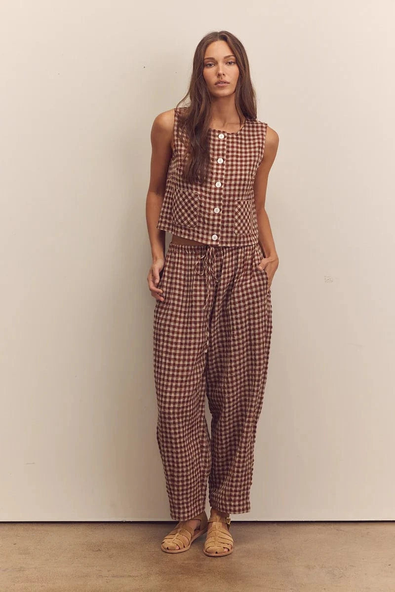 Drawstring Easy Pants - Brick Check