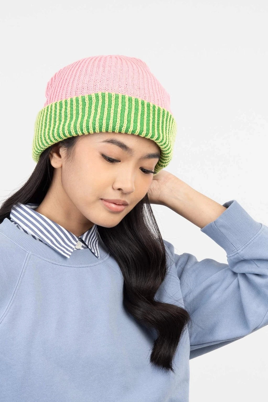 Stripe Cuff Plush Beanie - Pink Lime