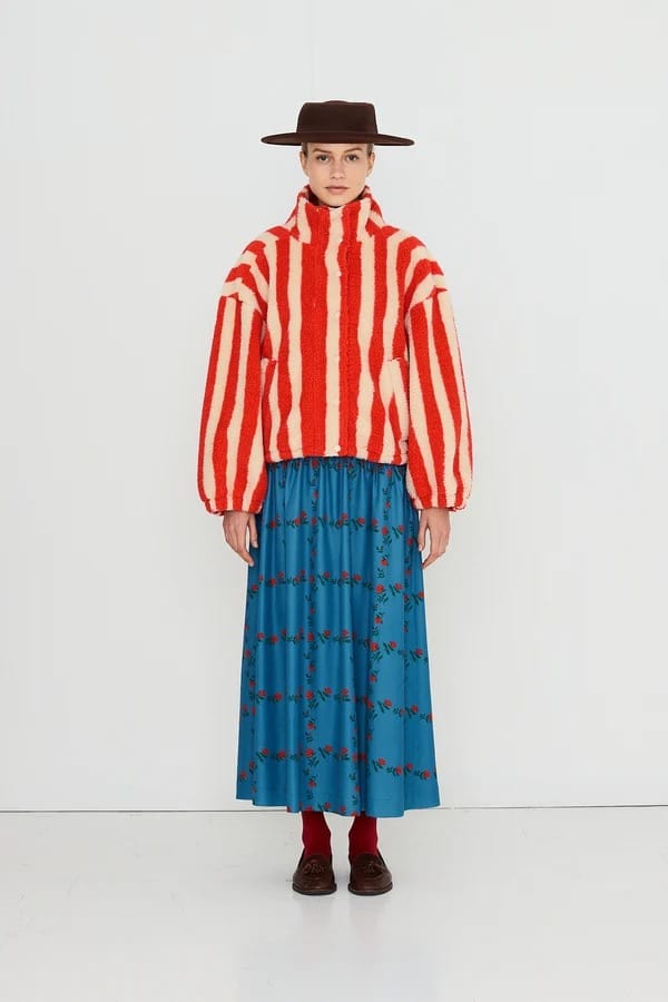 Wide Stripes Sherpa Jacket - Vanilla/Red
