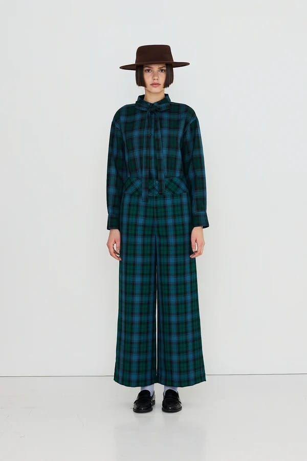 Check Bow Neck Shirt - Green/Navy