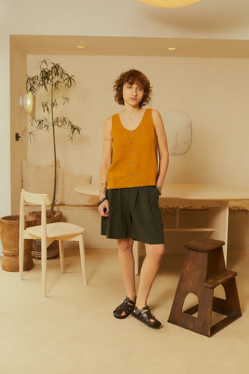 Basic Button Front Tank - Turmeric