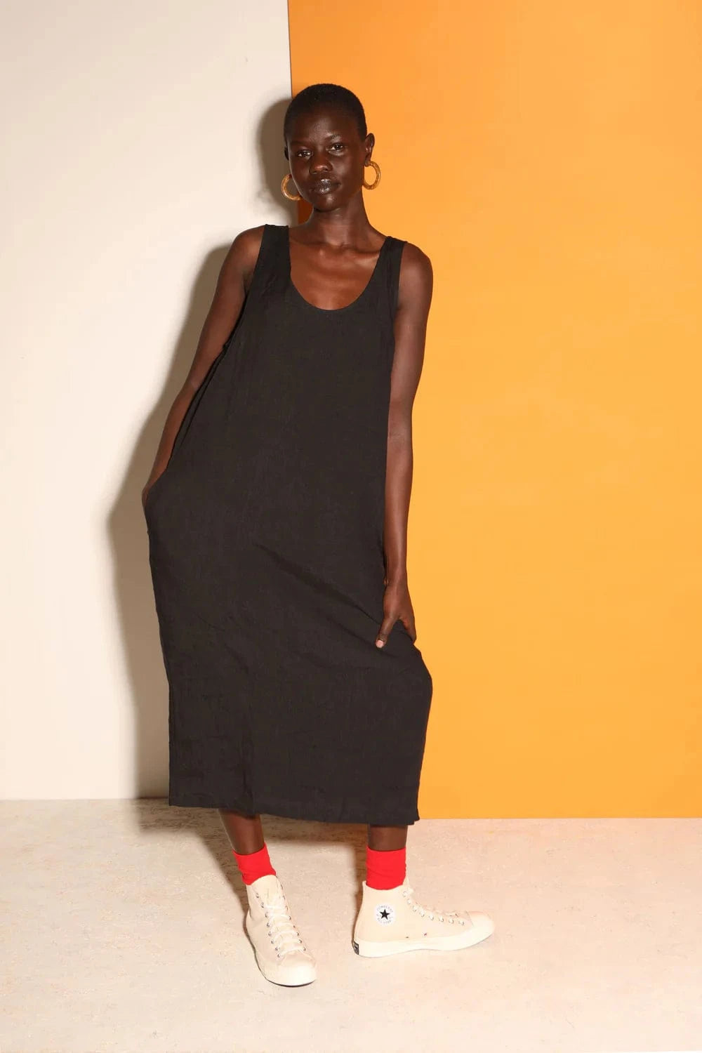 Basic Linen Shift Dress - Black