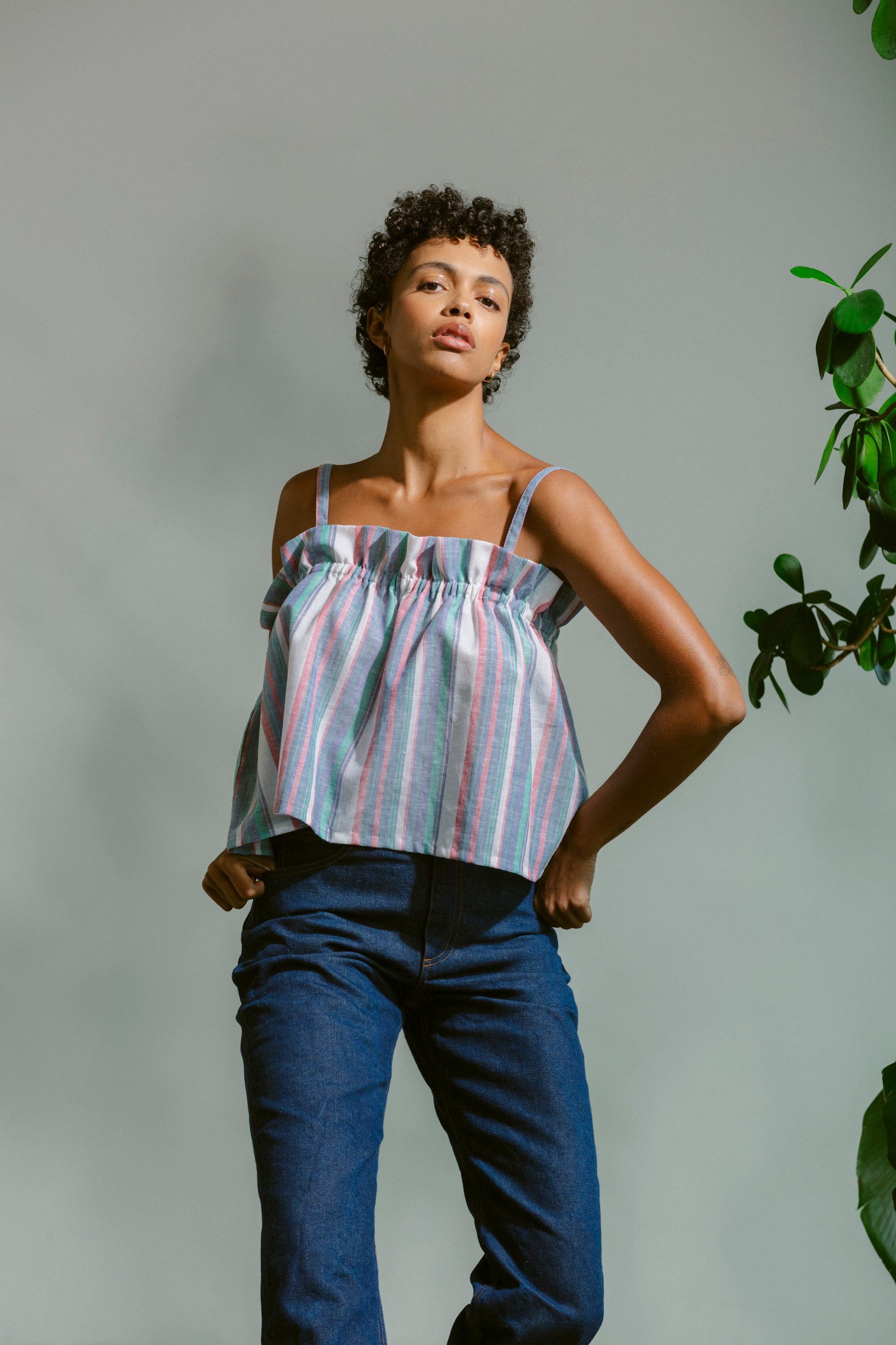 Ruffle Tank - Linen Stripe