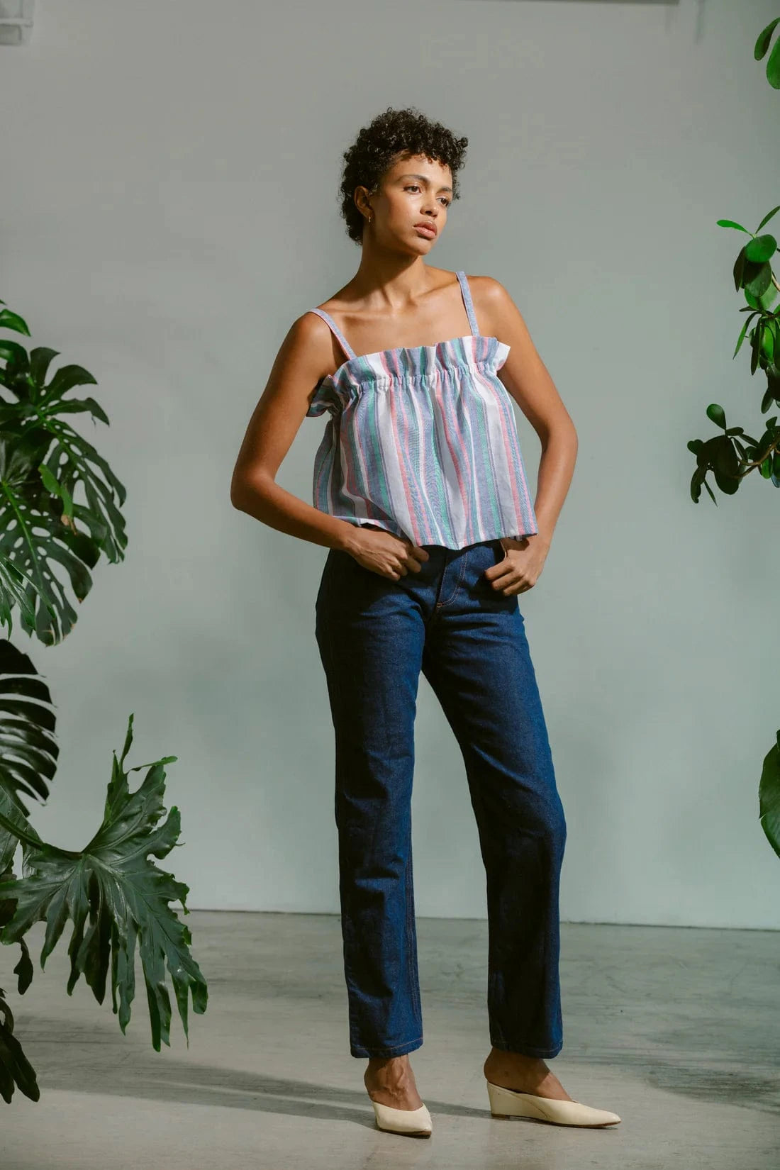 Ruffle Tank - Linen Stripe