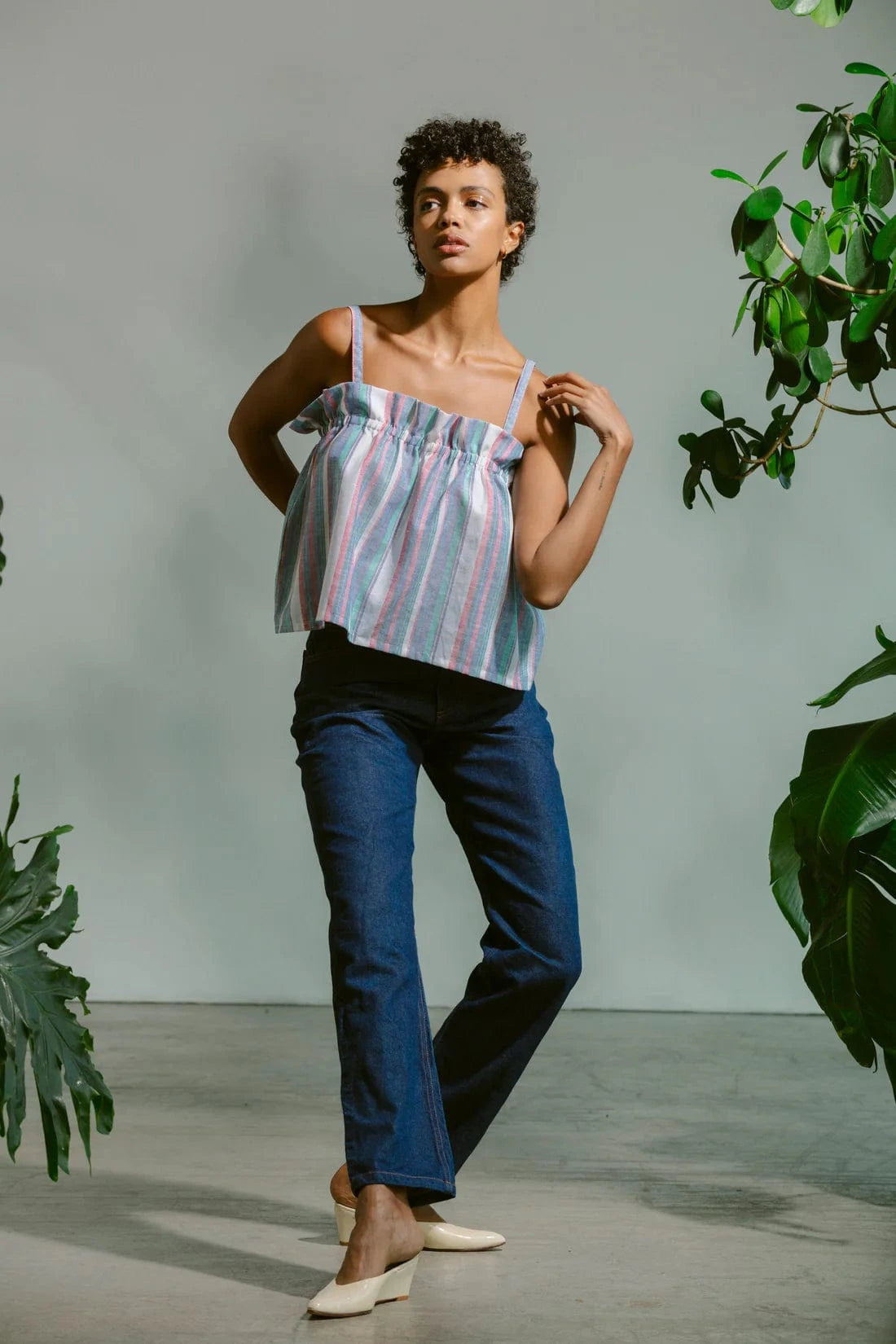 Ruffle Tank - Linen Stripe