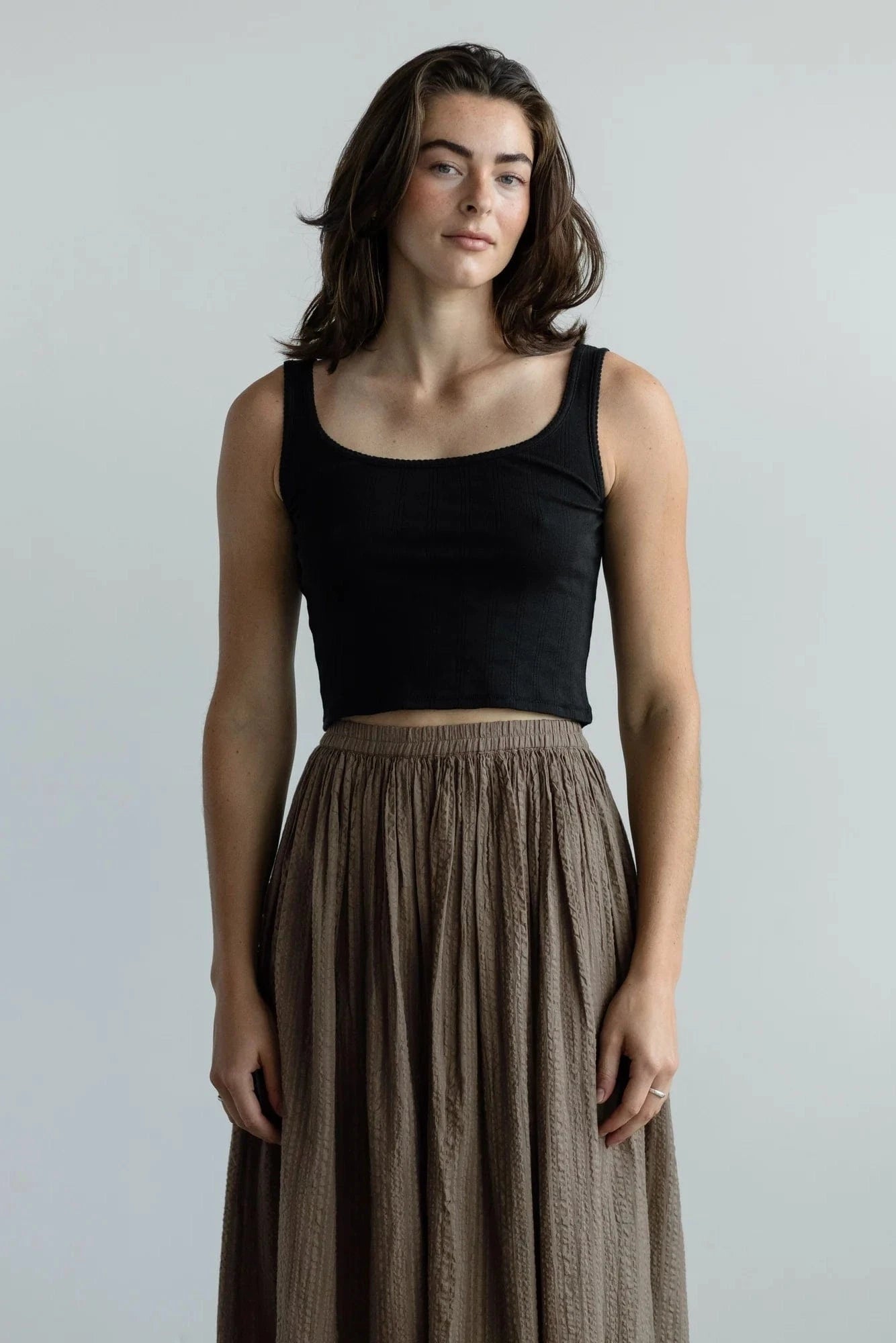 Crop Pointelle Scoop Tank - Black