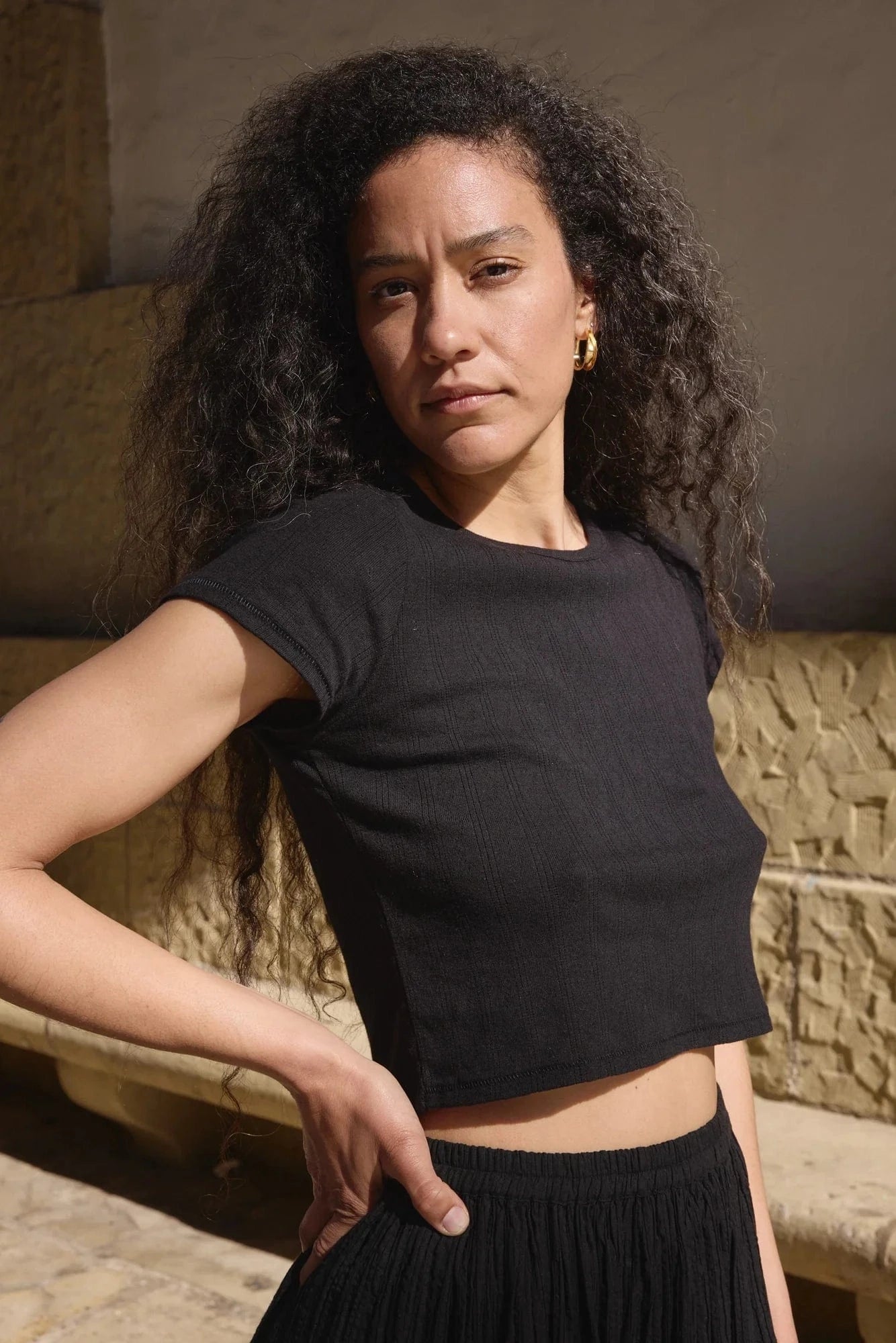 Crop Pointelle Tee - Black