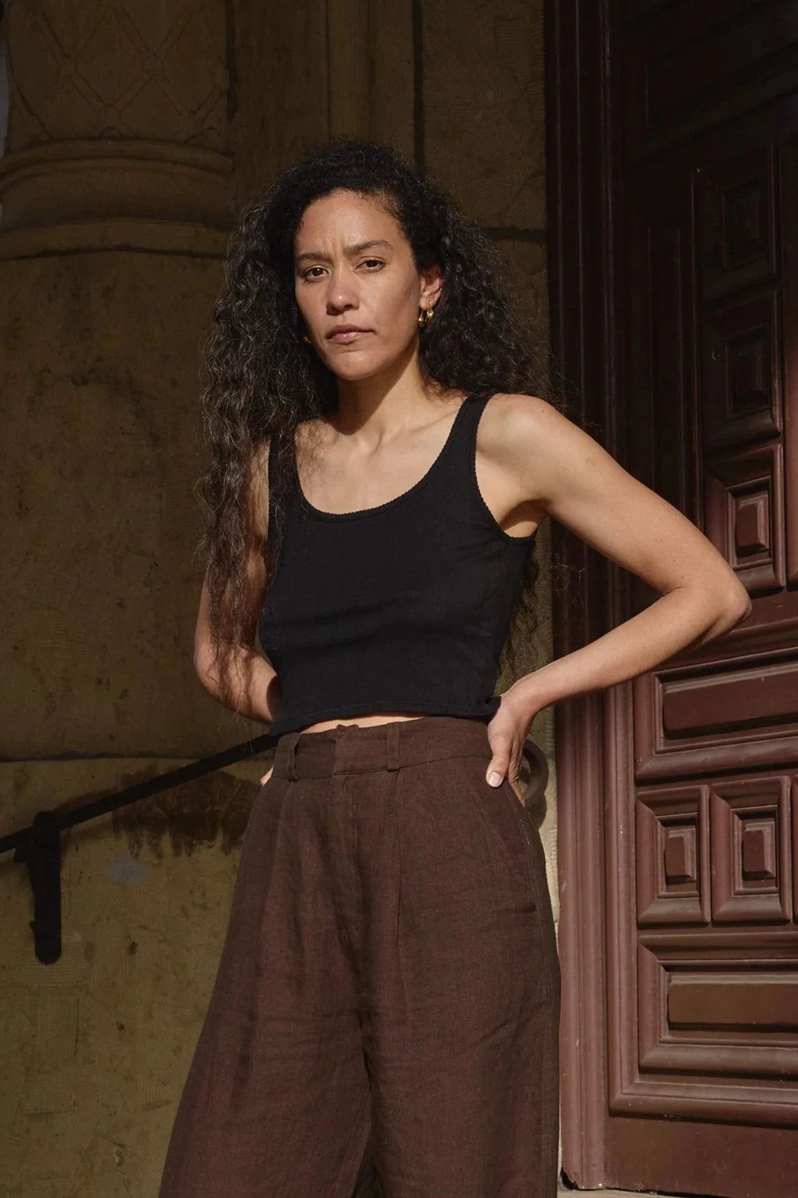 Crop Pointelle Scoop Tank - Black