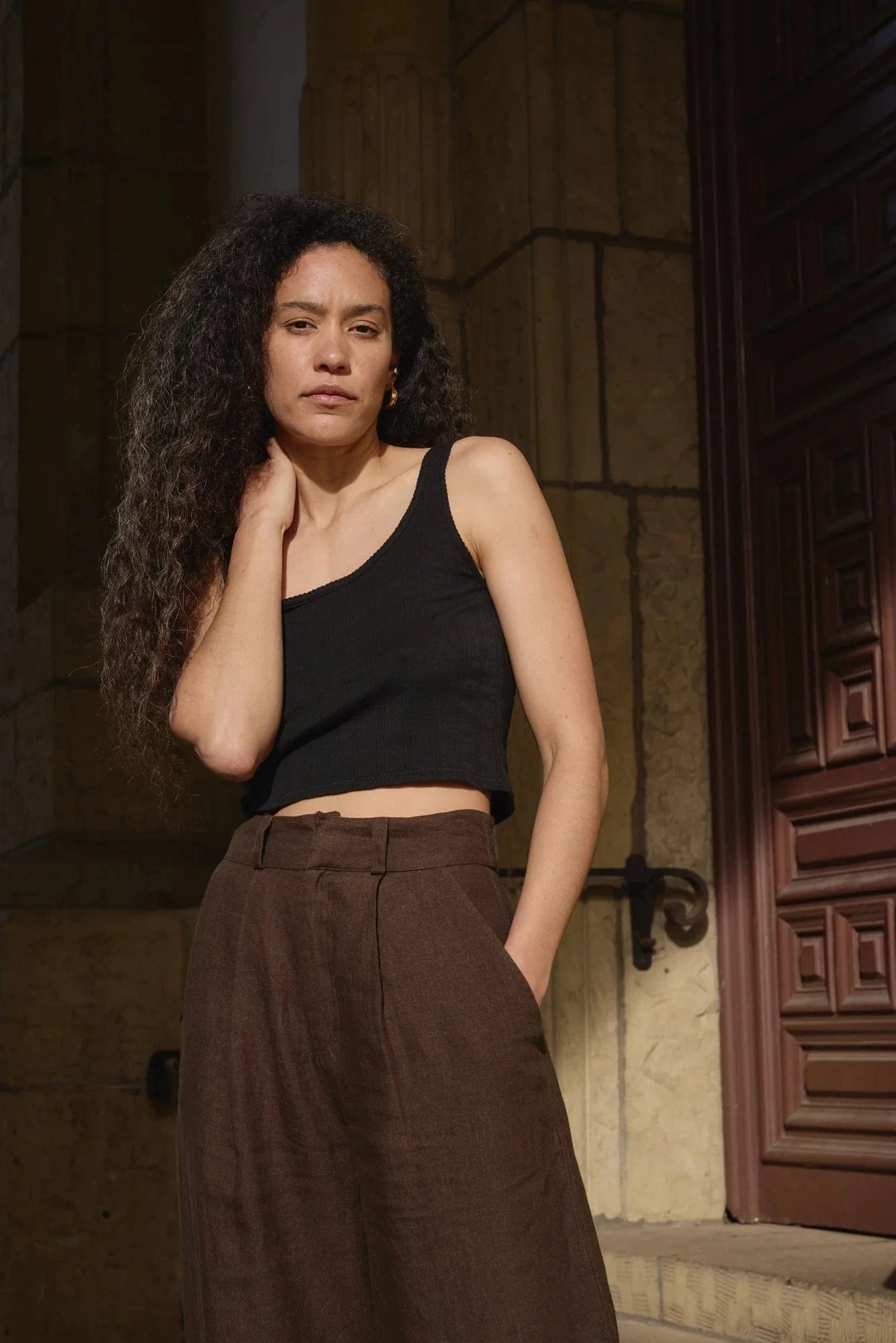 Crop Pointelle Scoop Tank - Black