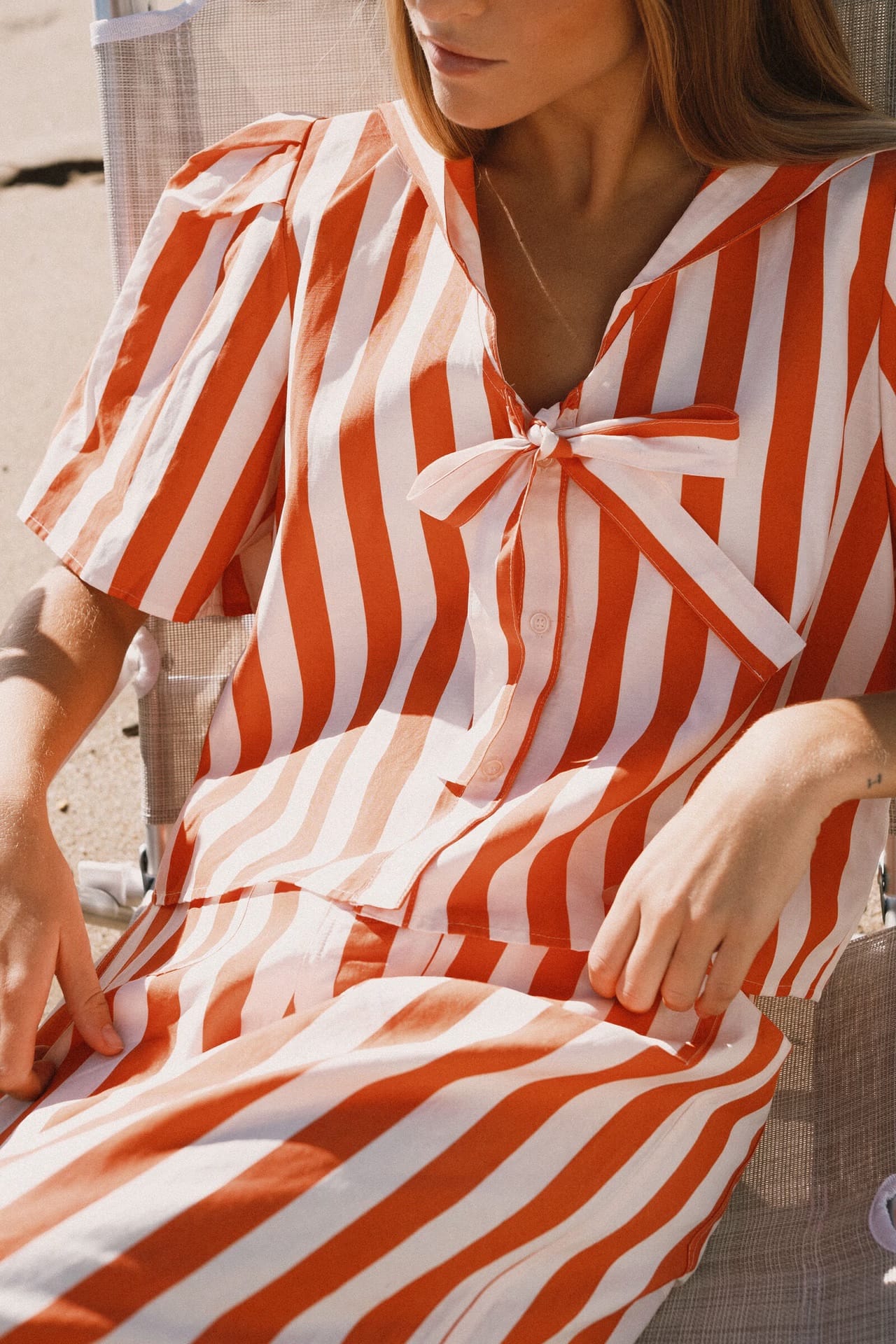 Striped Sailor Neck Blouse - Orange