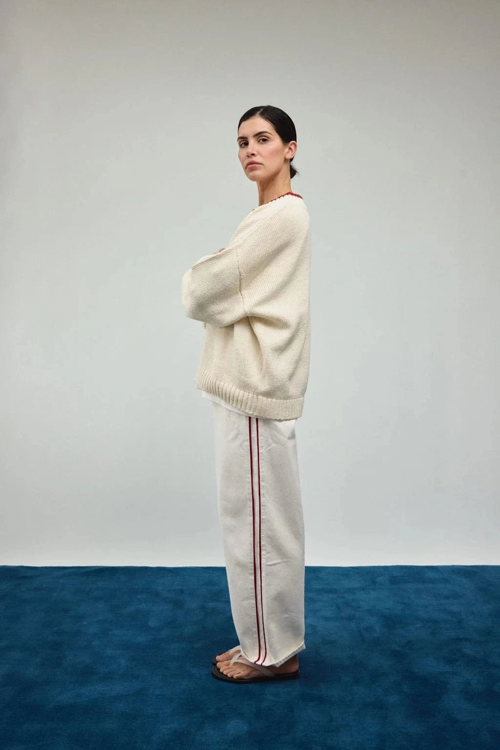 Pinstripe Track Pant - Milk w/ Red Stripe