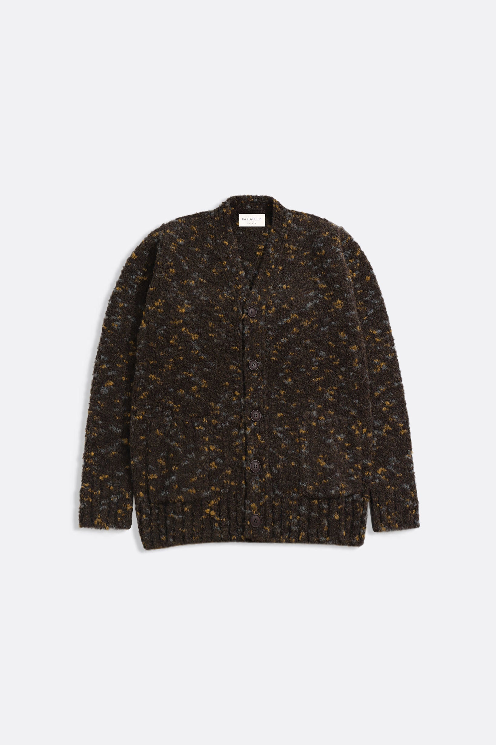 A brown boucle Buckley cardigan by Far Afield, displayed against a plain background.