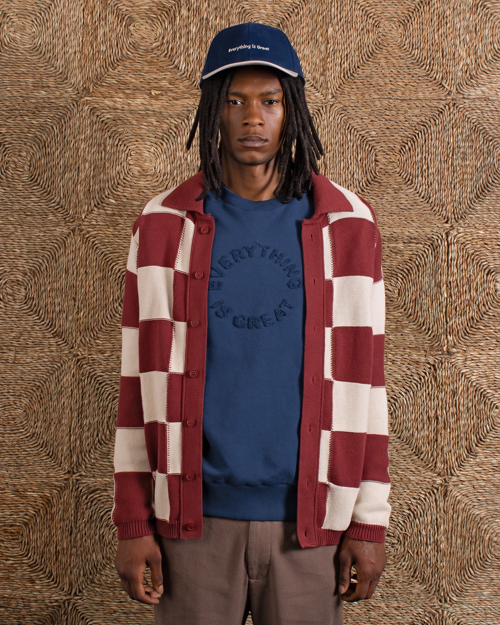 Velzy Knitted Cardigan - Red / Sand Check