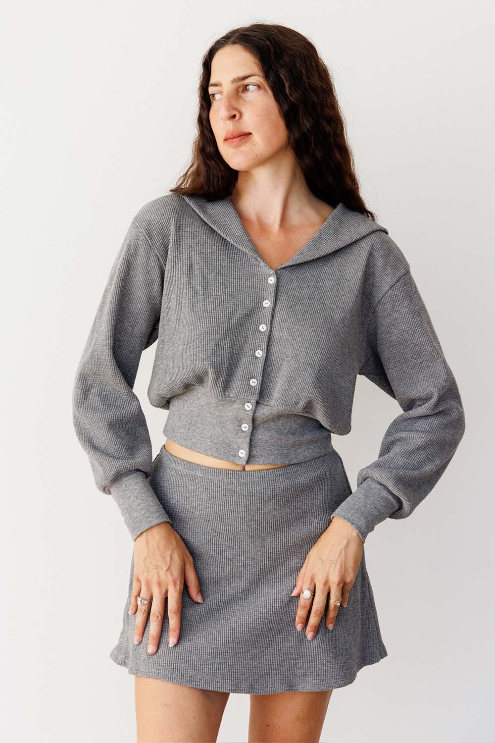 Waffle Sailor Cardigan - Heather Grey
