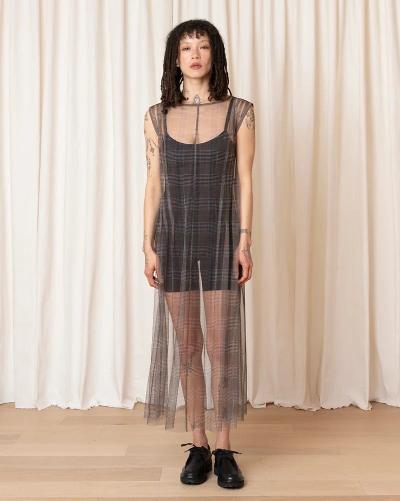 Pleated Mesh Dress - Neutral Plaid