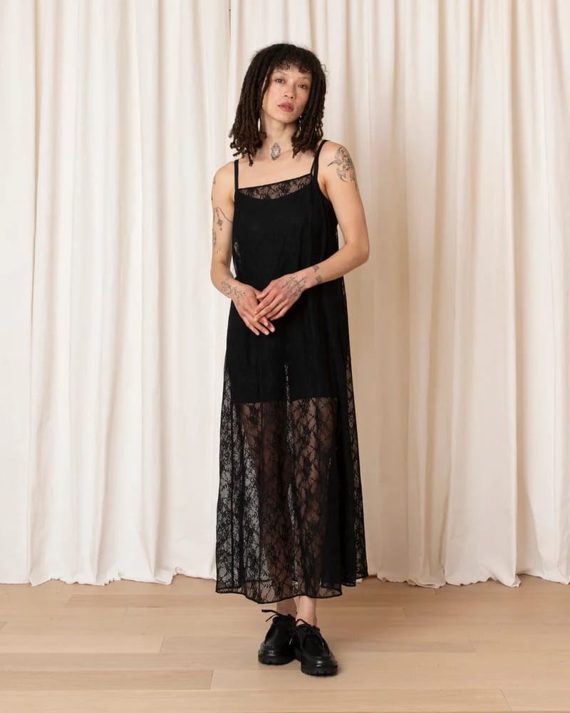 Square Neck Full Dress - Black Lace