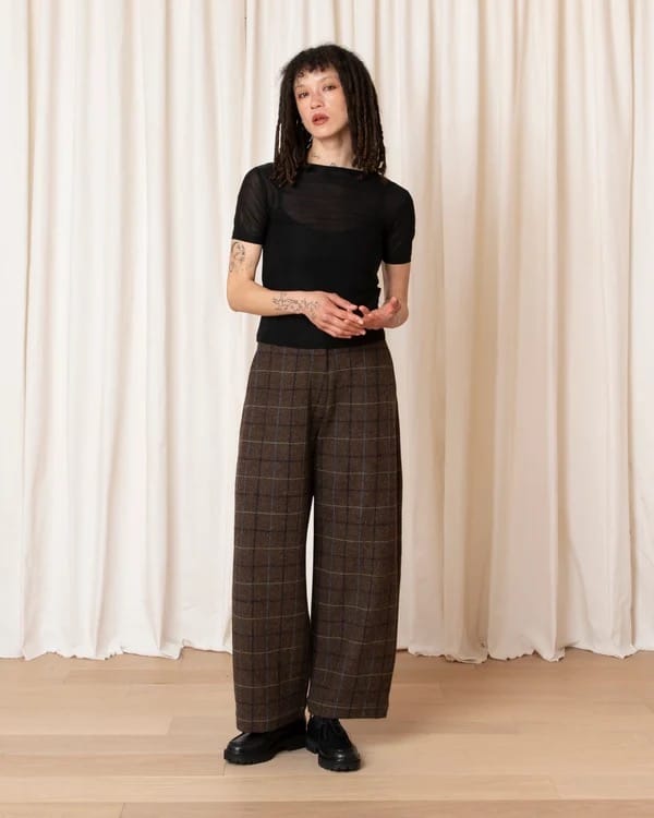 Wool Loose Barrel Pant - Taupe Plaid