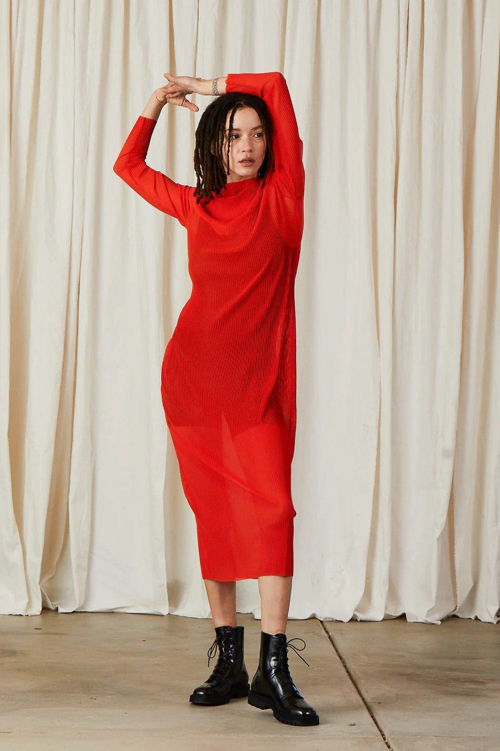 Pleated Mesh Dress - Poppy