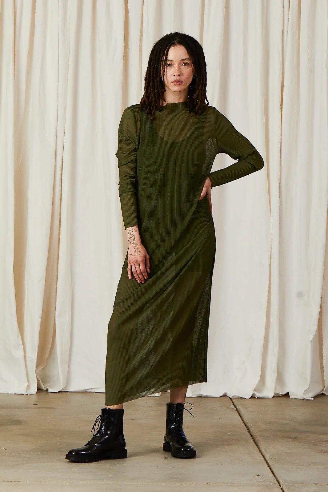 Pleated Mesh Dress - Olive