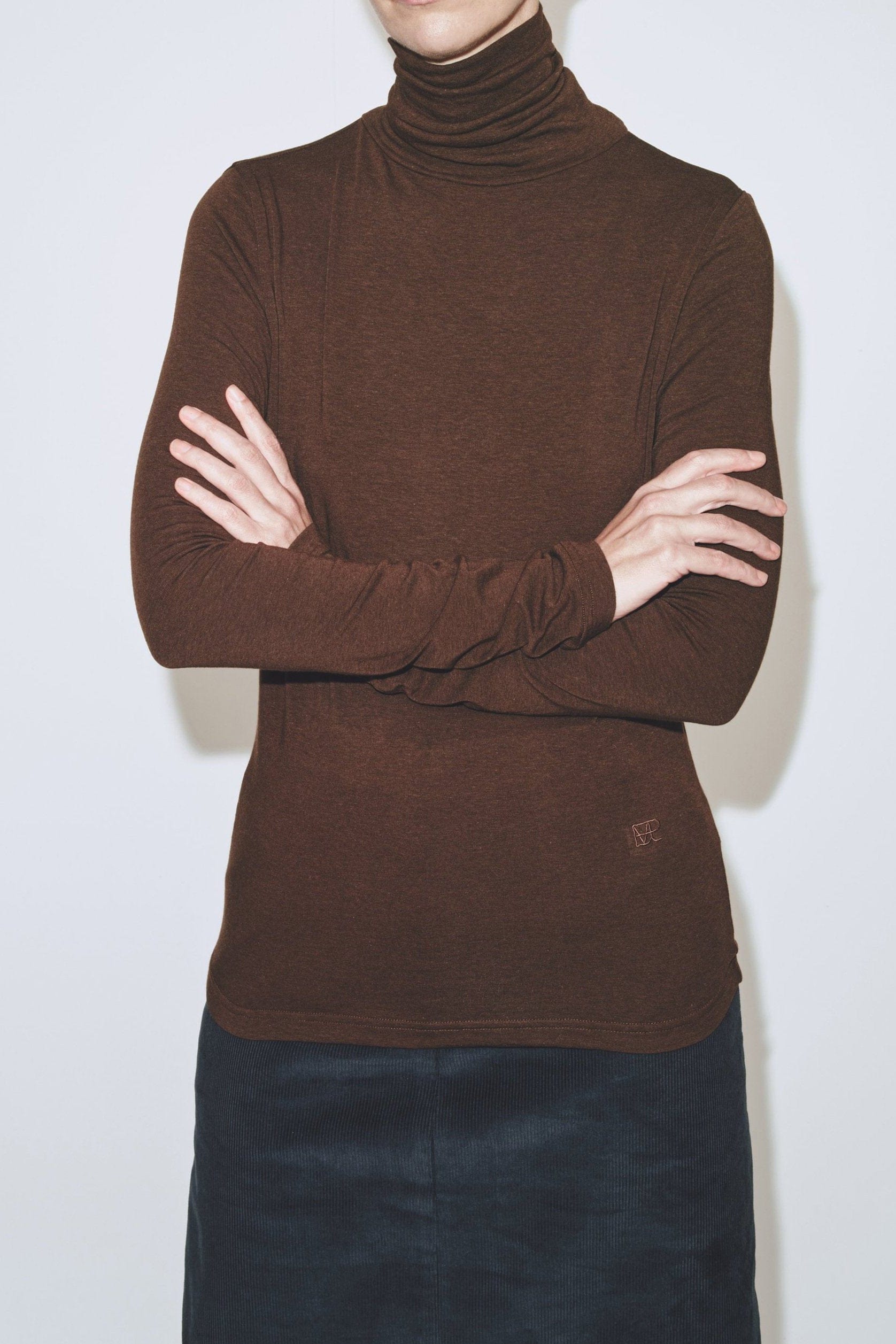 Roll Neck Jersey Top - Dark Brown