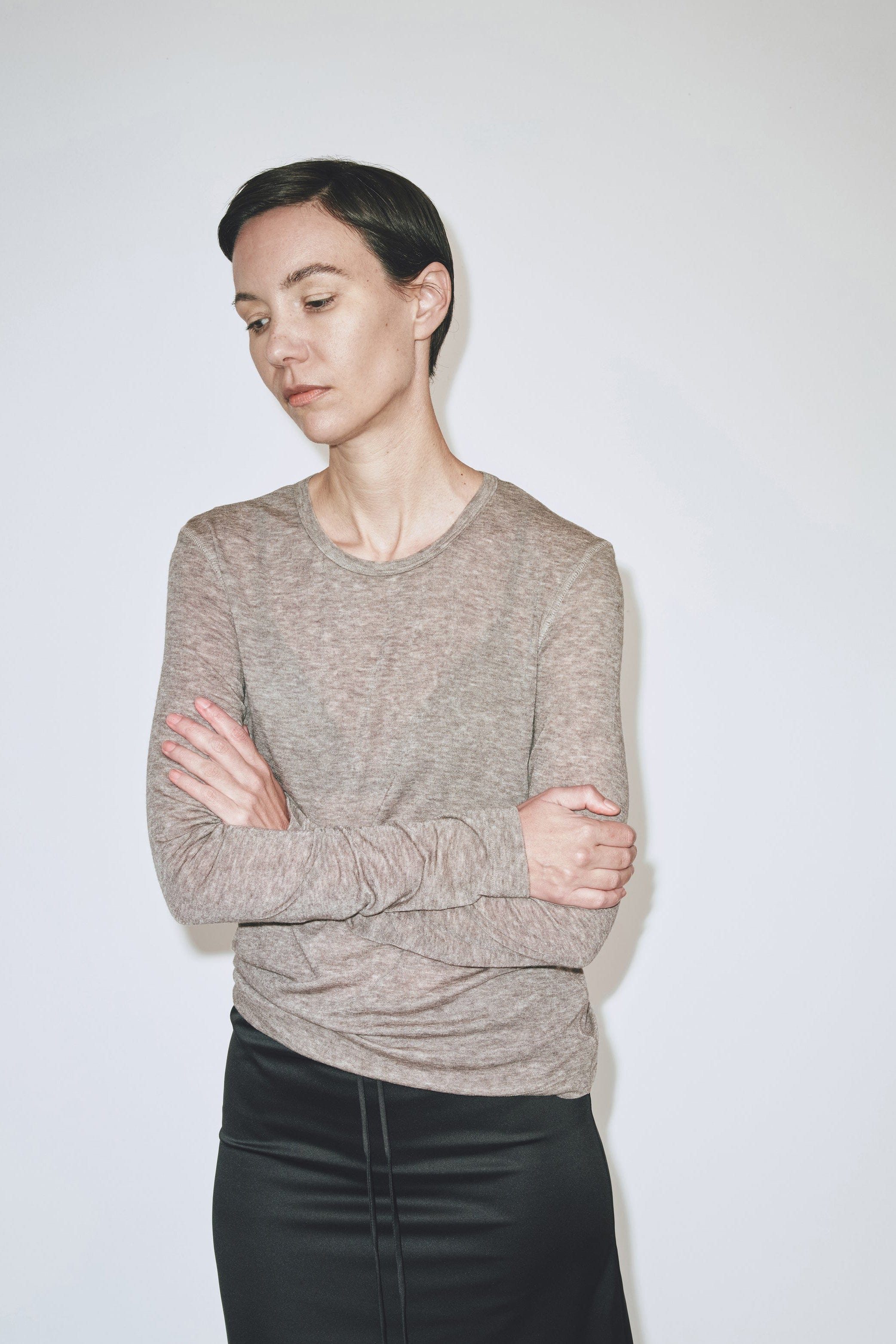 Wool Tencel Crew Neck - Heather Brown