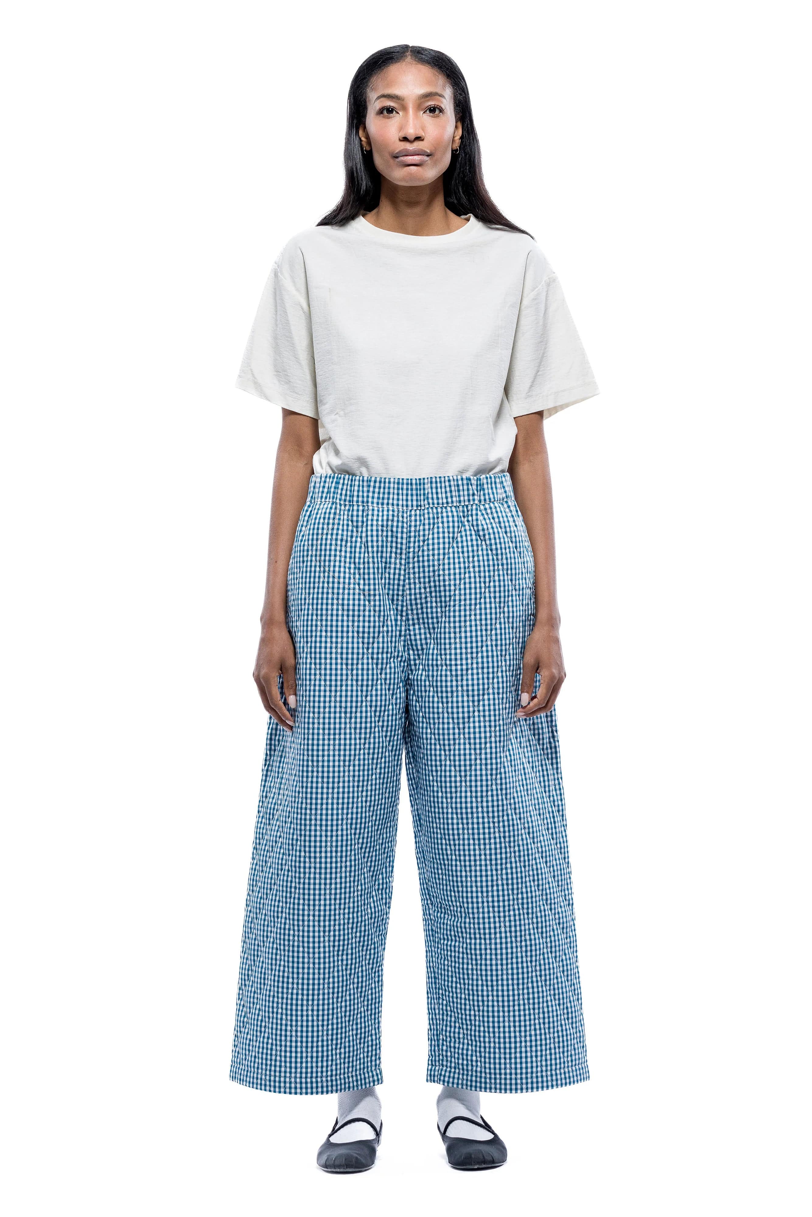 Aretha Quilted Pants - Teal White Check