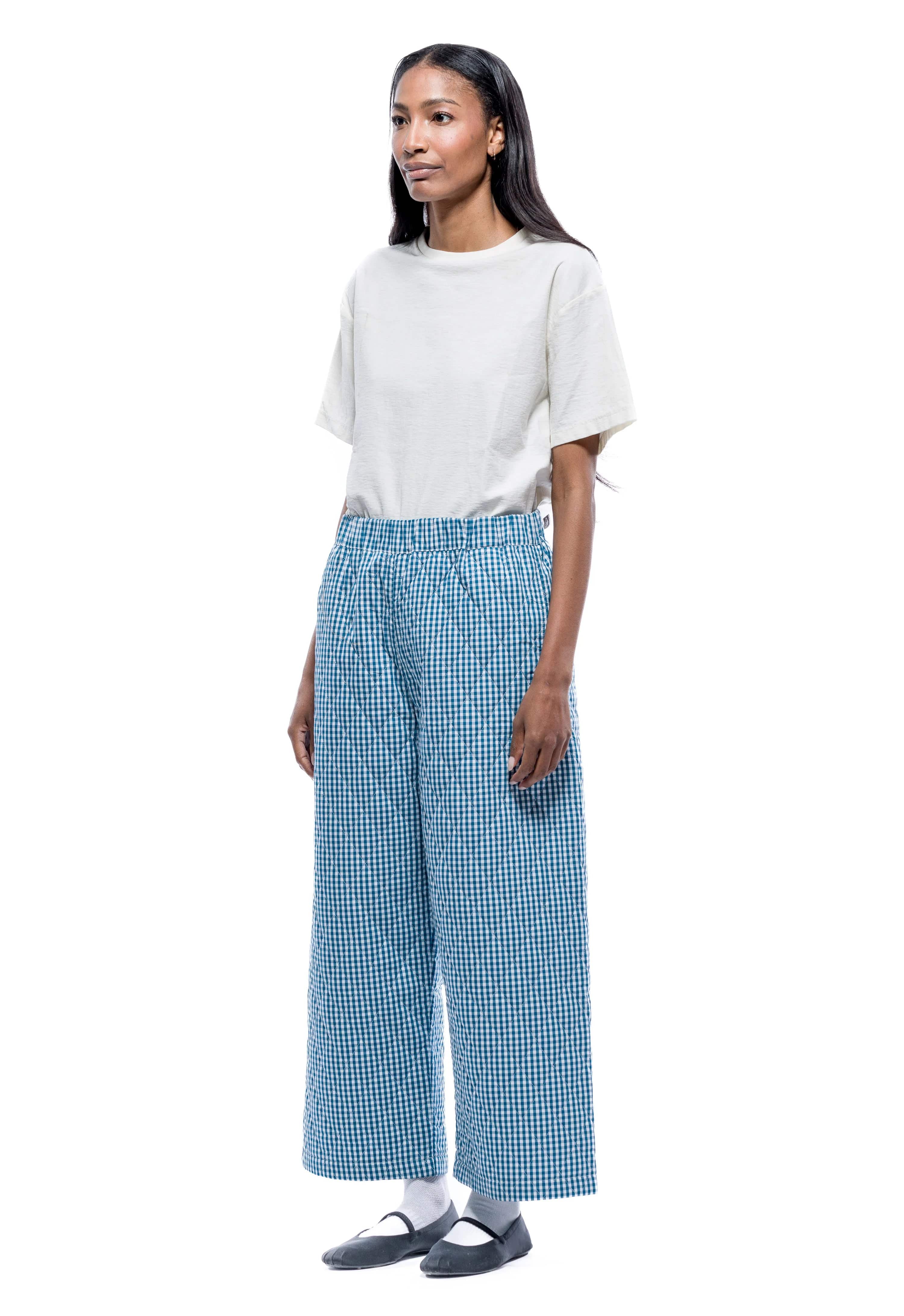 Aretha Quilted Pants - Teal White Check