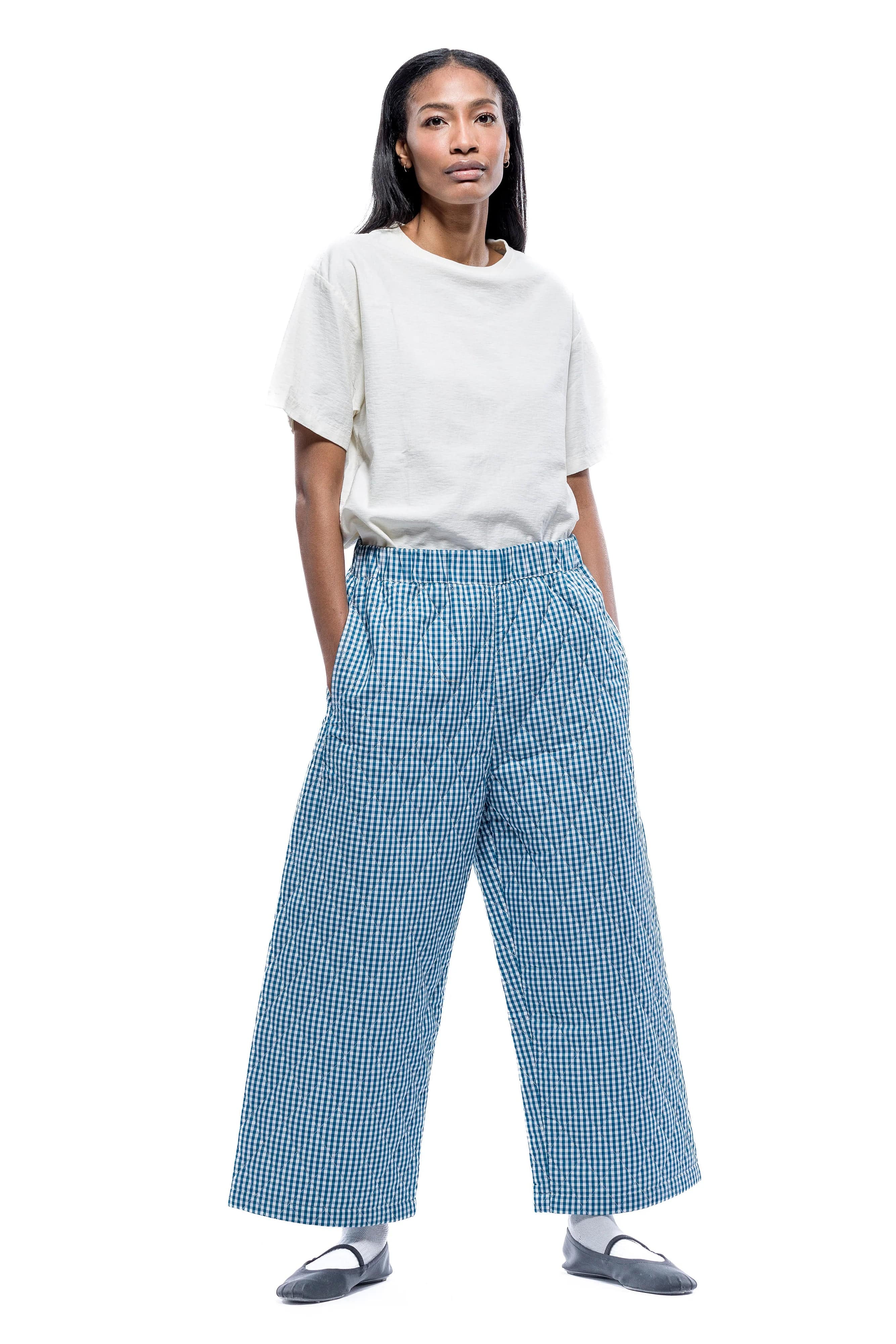 Aretha Quilted Pants - Teal White Check