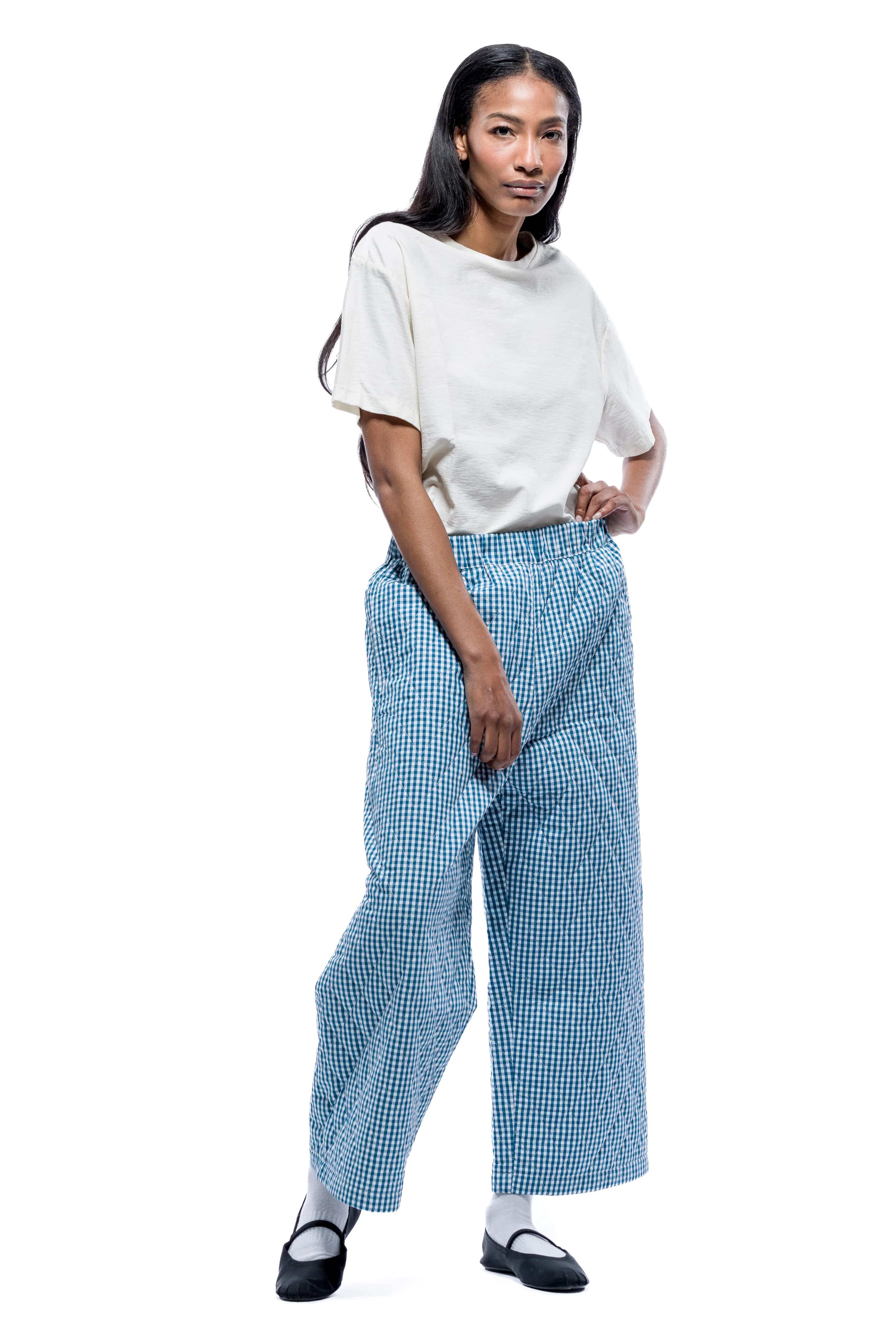 Aretha Quilted Pants - Teal White Check