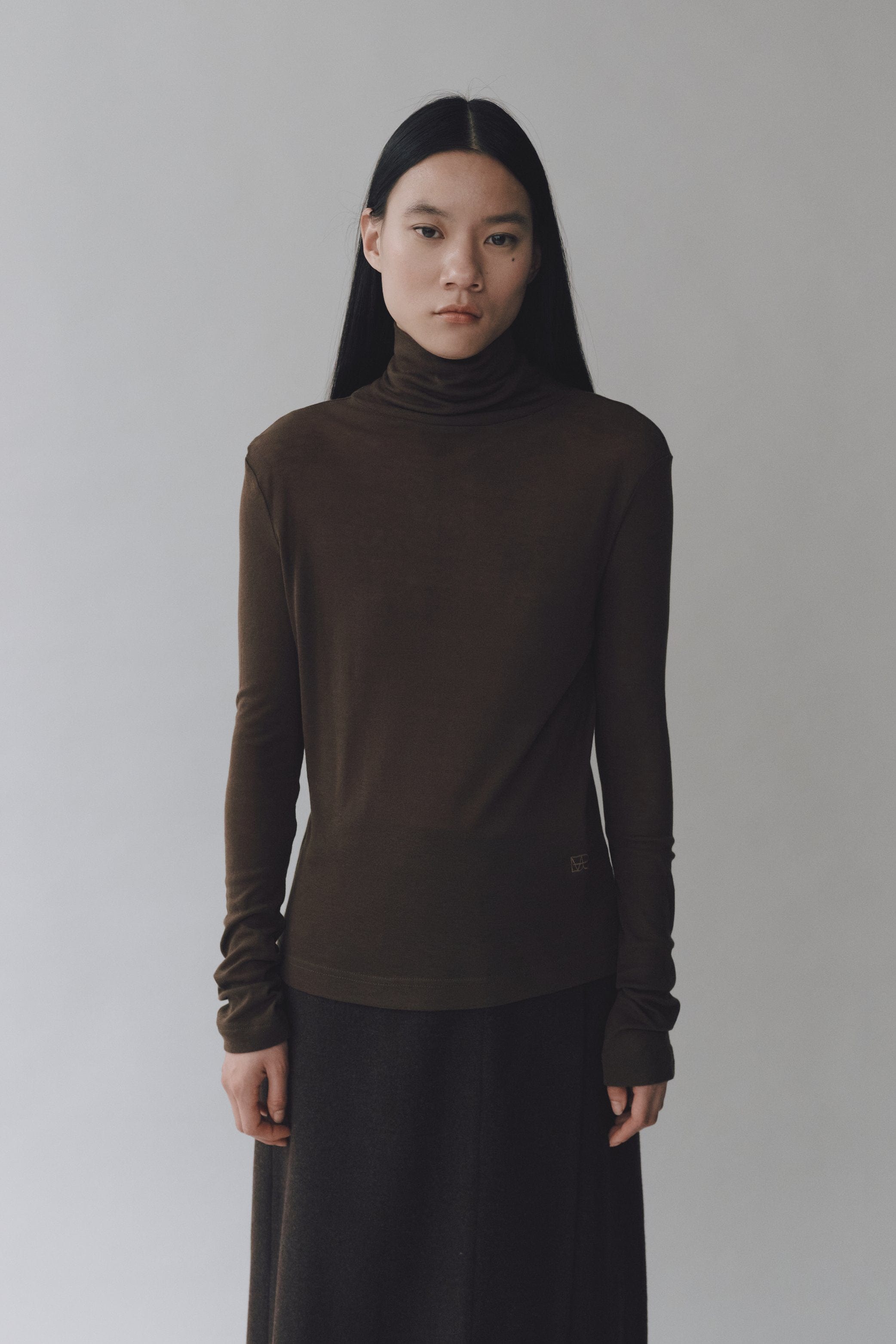 Thin Rib Roll Neck Top - Brown