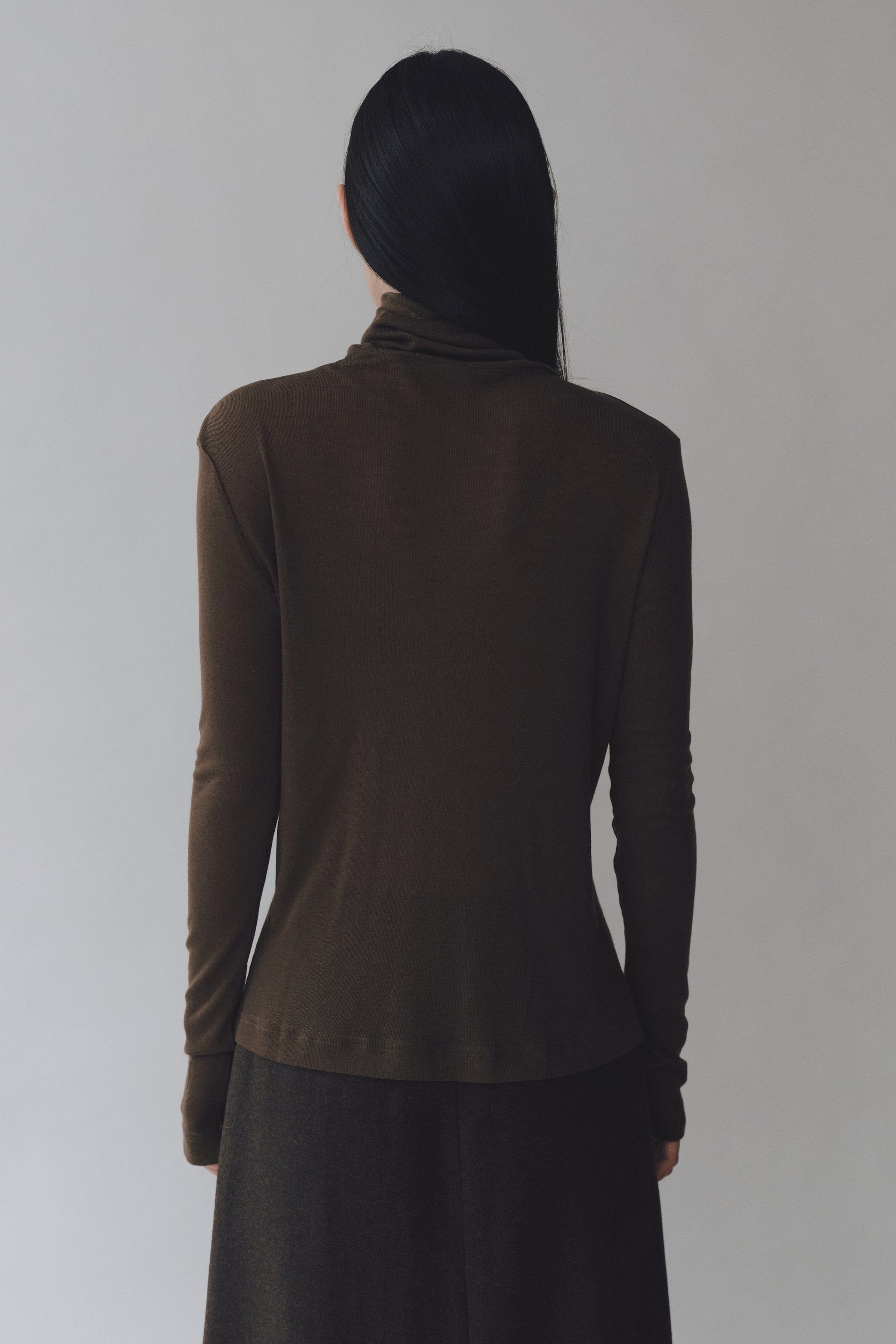 Thin Rib Roll Neck Top - Brown