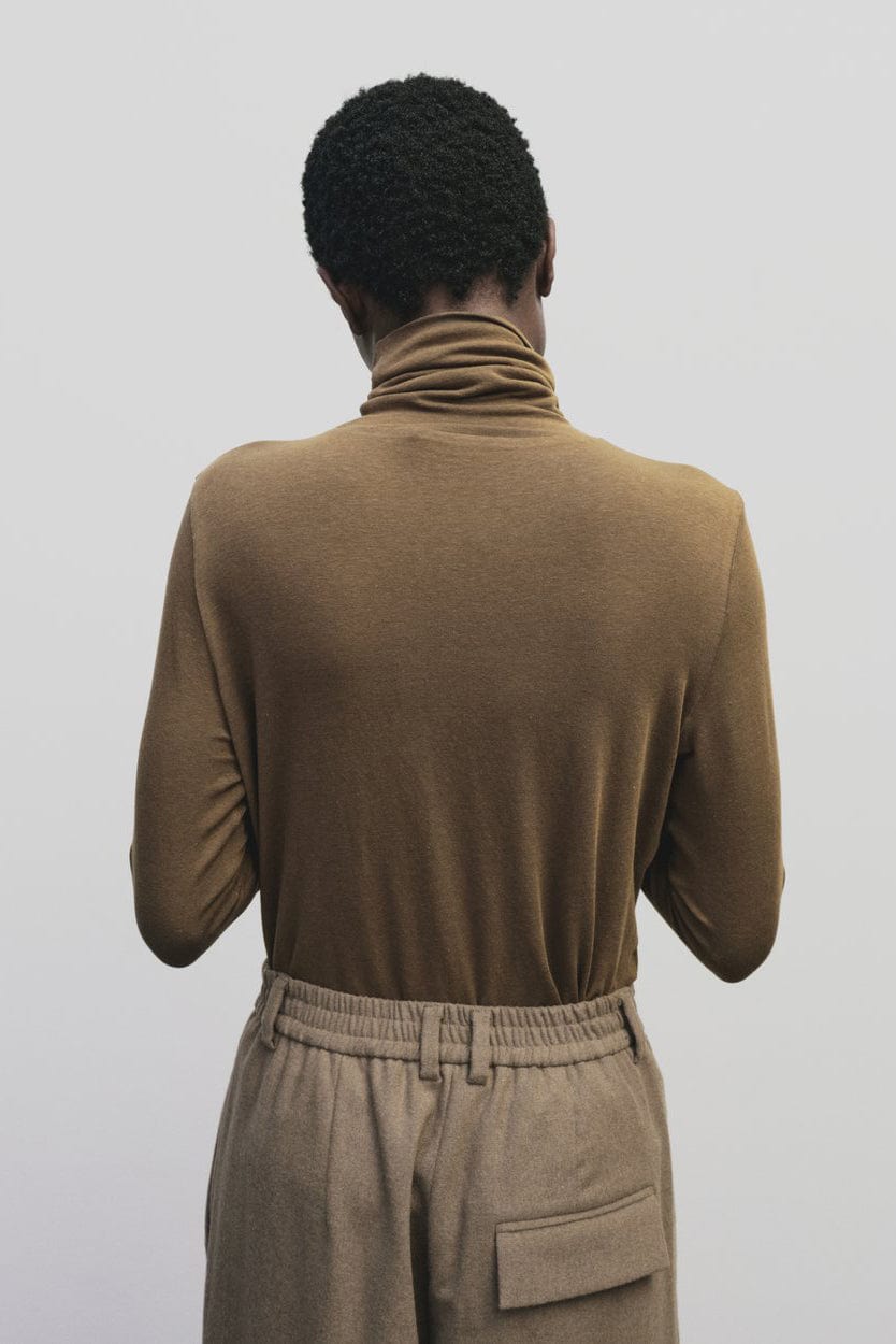 Roll Neck Jersey Top - Light Brown