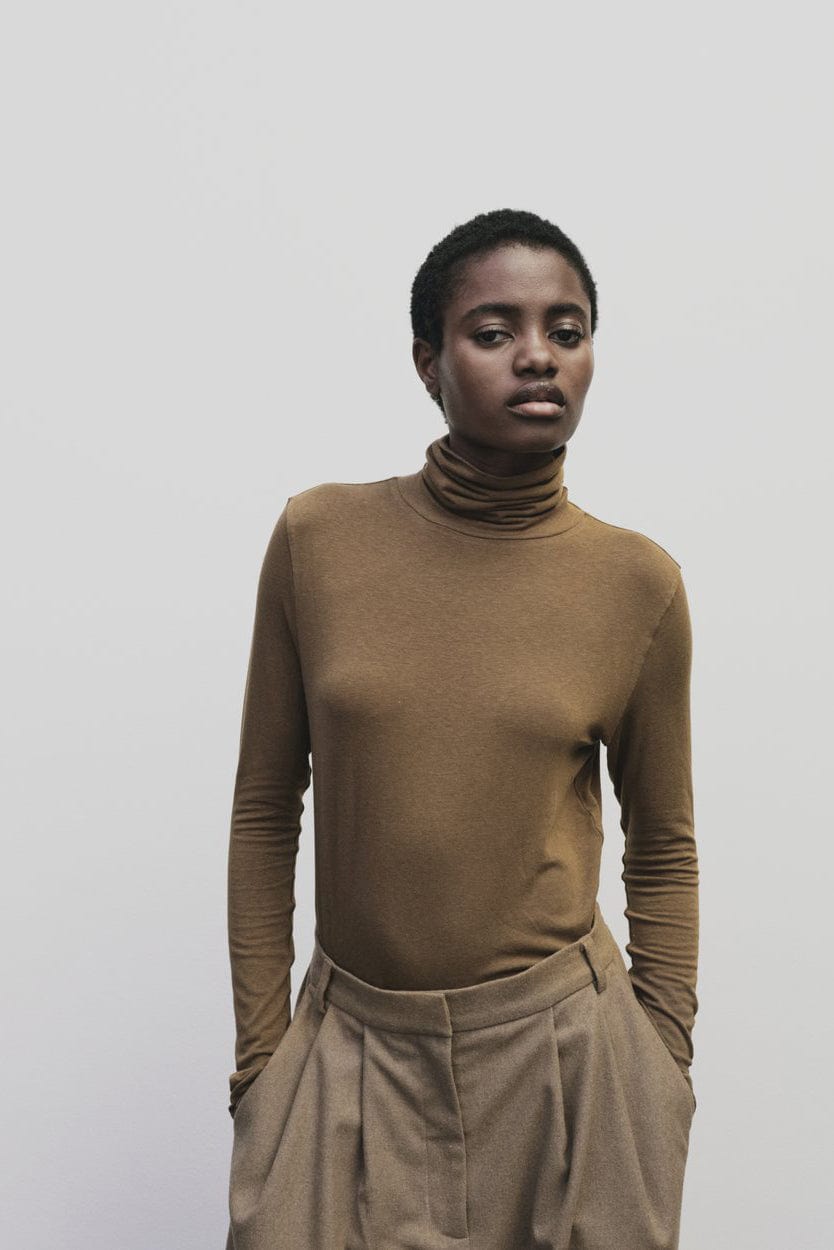 Roll Neck Jersey Top - Light Brown