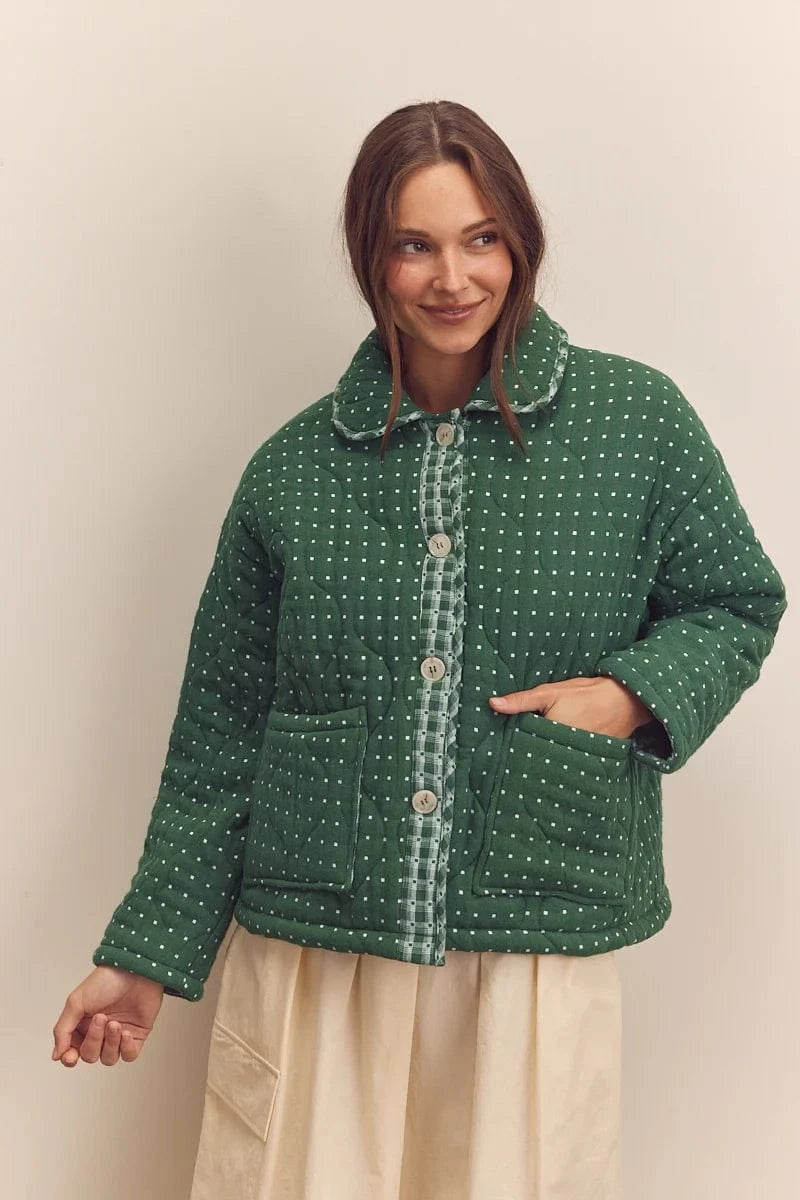 Quilted Round Collar Jacket - Green