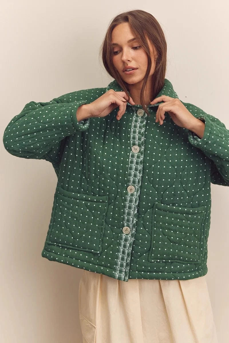 Quilted Round Collar Jacket - Green