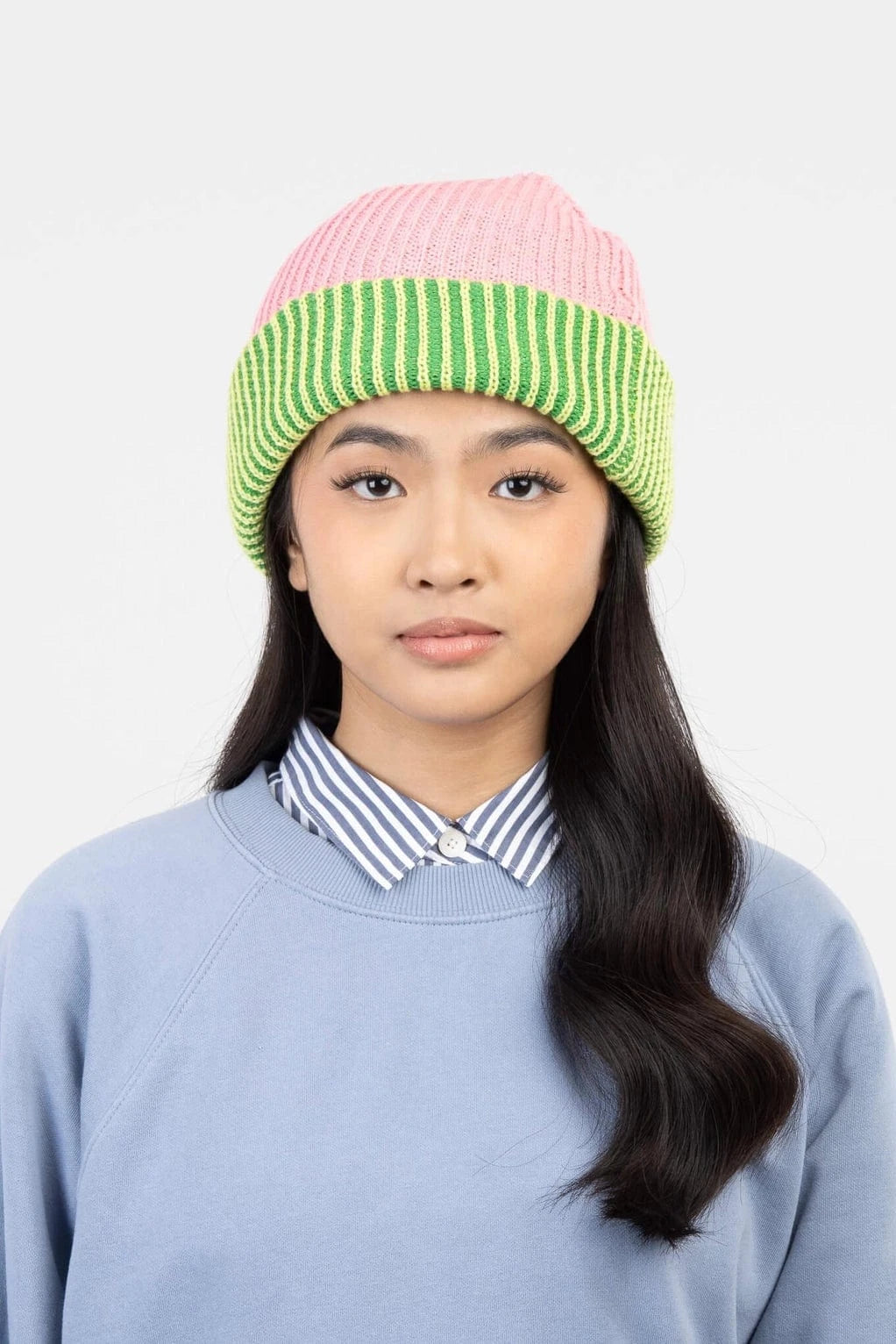 Stripe Cuff Plush Beanie - Pink Lime