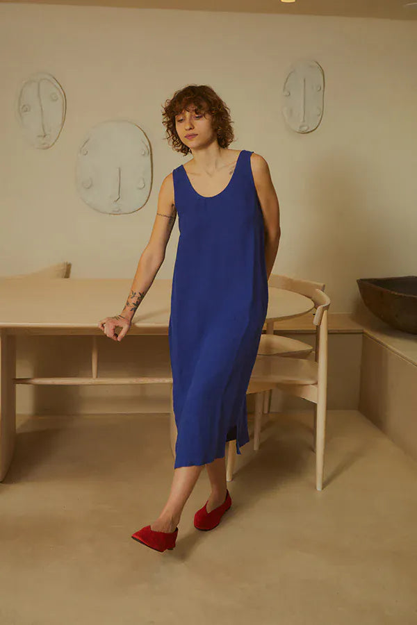 Basic Linen Shift Dress - Cobalt