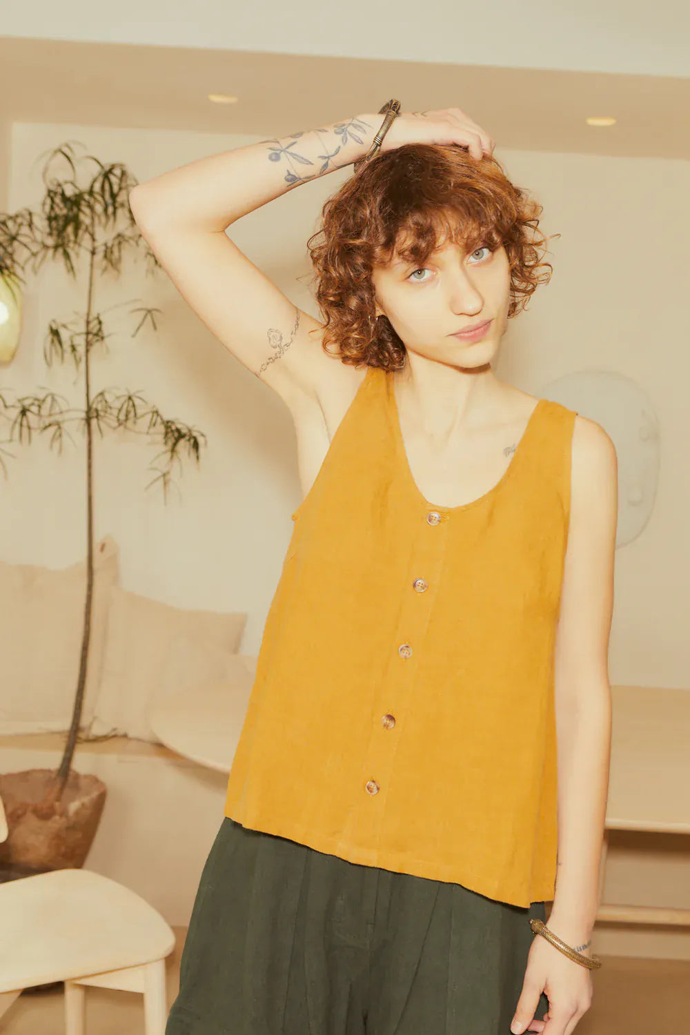 Basic Button Front Tank - Turmeric