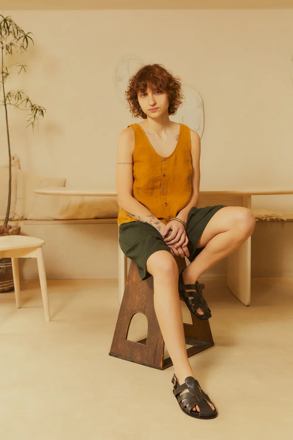 Basic Button Front Tank - Turmeric