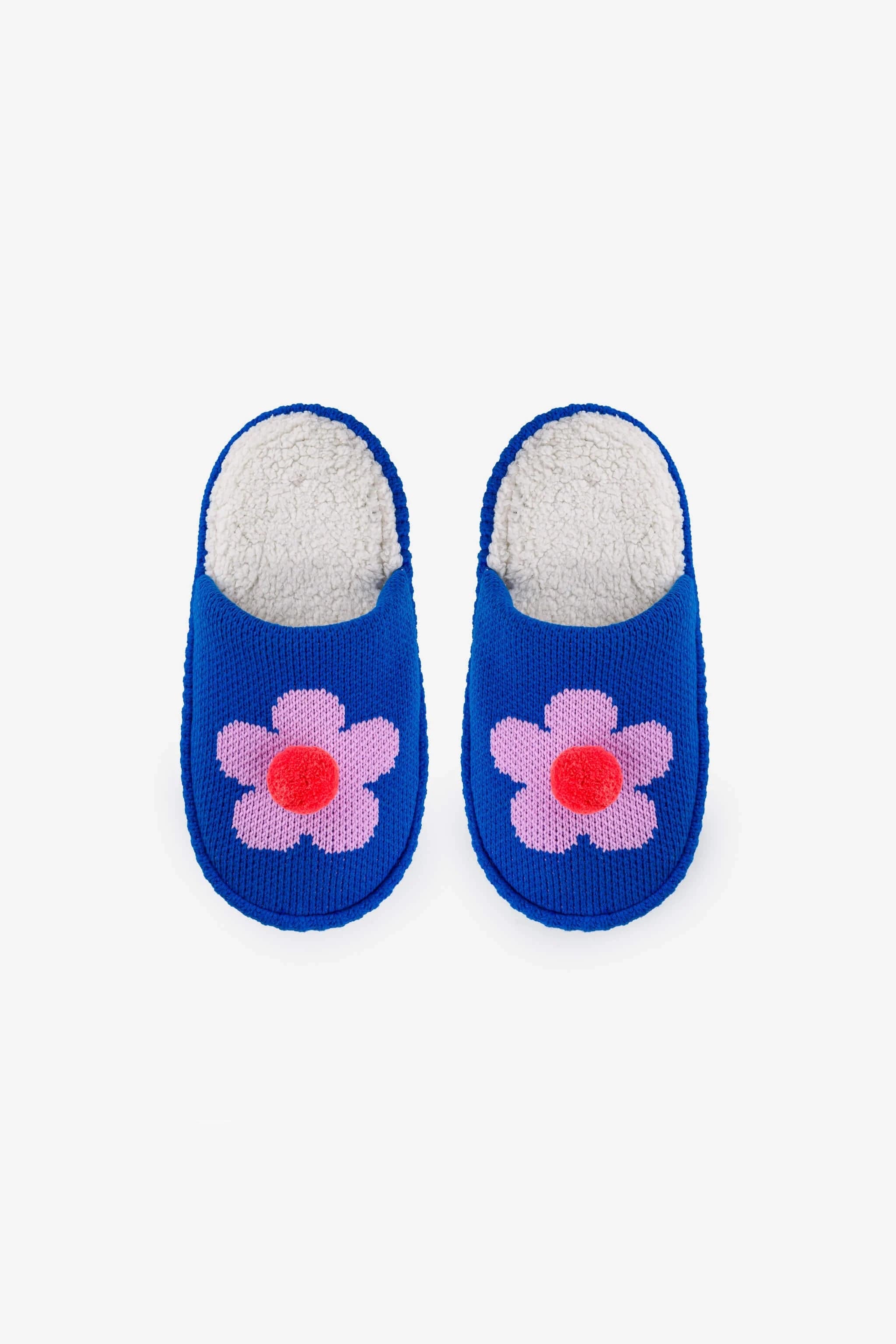 Flower Pom Slide Slippers - Cobalt