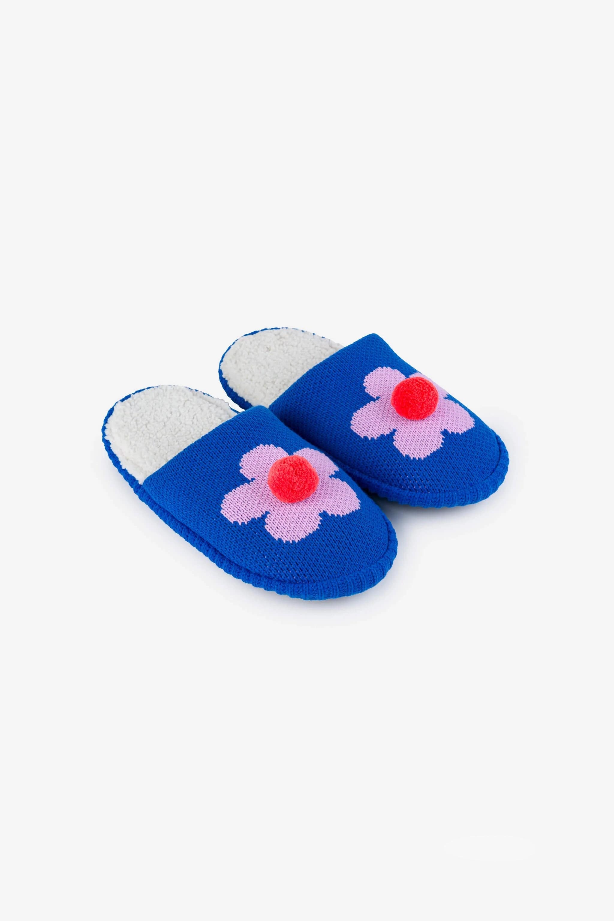 Flower Pom Slide Slippers - Cobalt