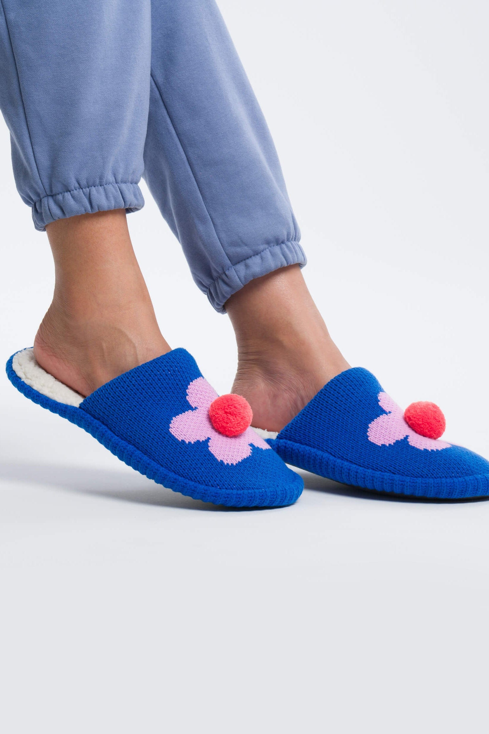 Flower Pom Slide Slippers - Cobalt