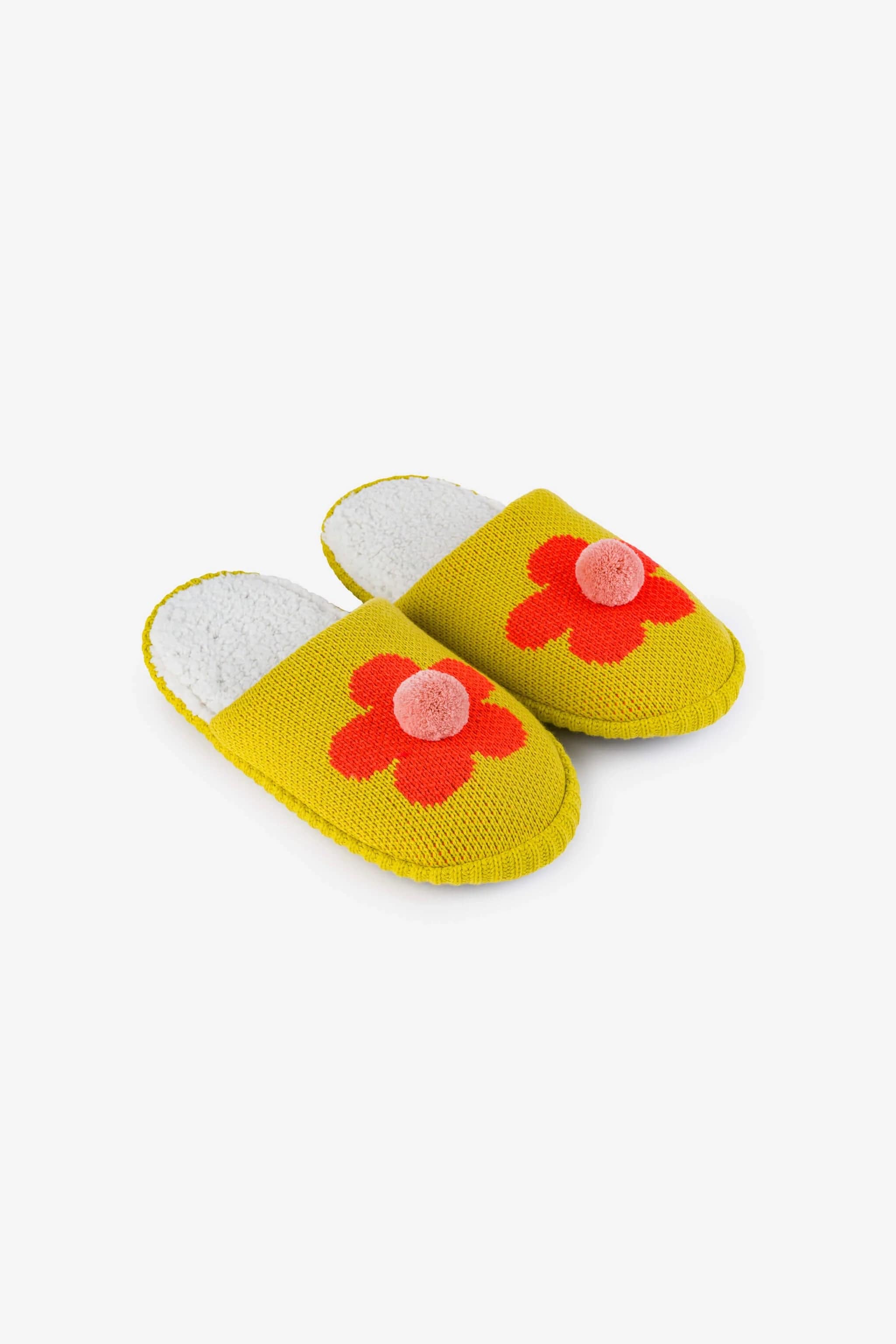 Flower Pom Slide Slippers - Golden Olive