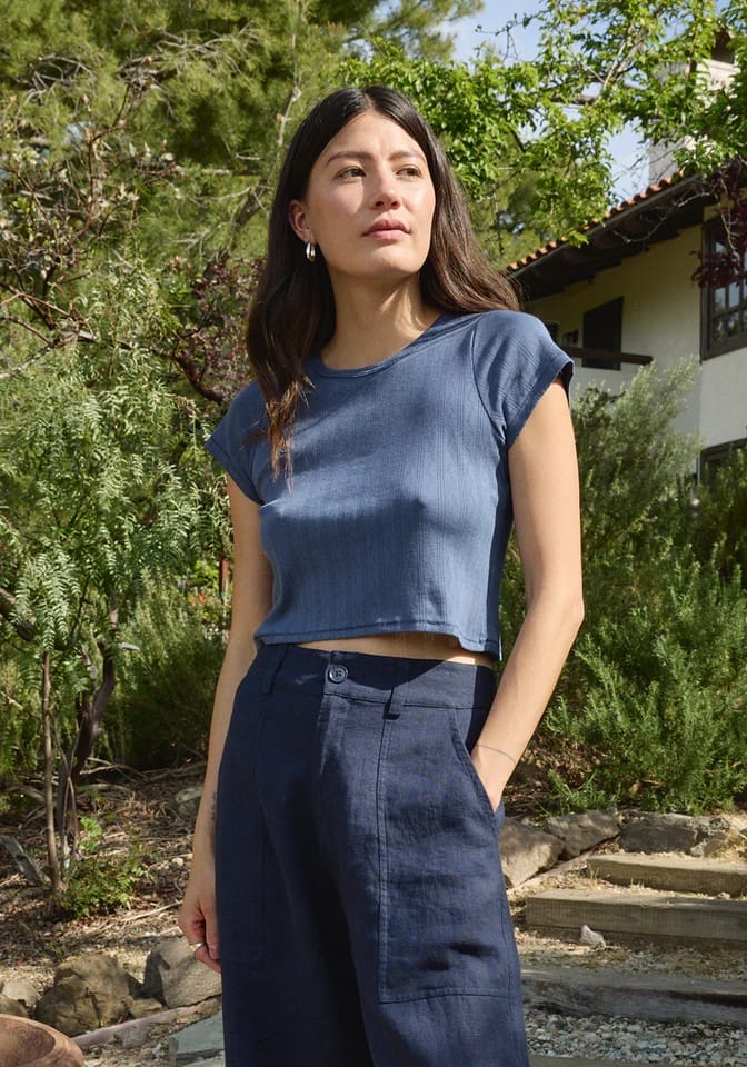 Crop Pointelle Tee - Indigo