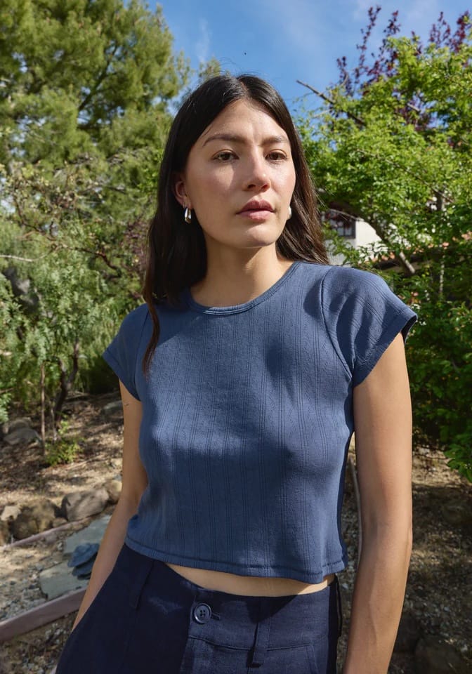 Crop Pointelle Tee - Indigo